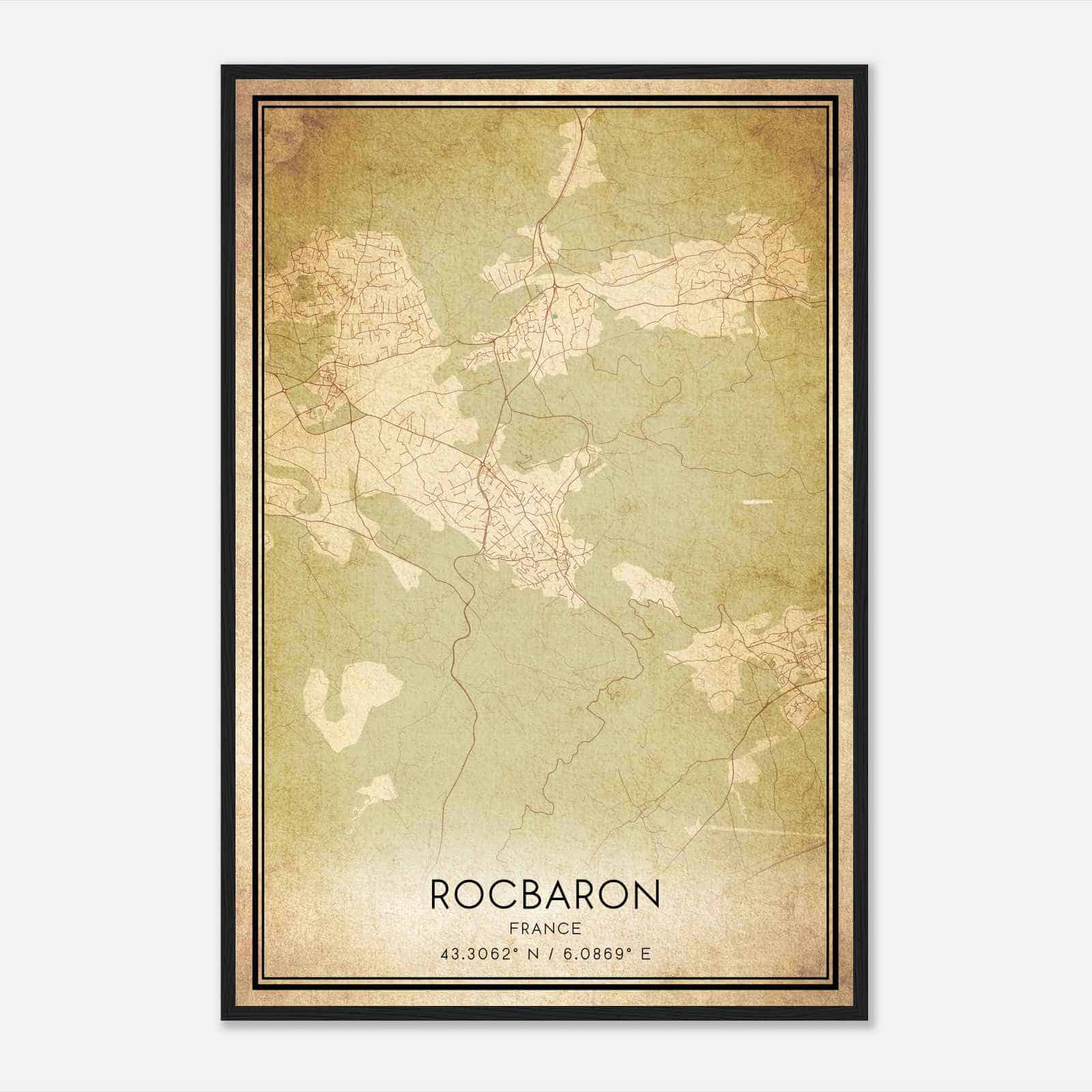 Vintage Rocbaron France Map Poster, Rocbaron City Road Wall Art Print