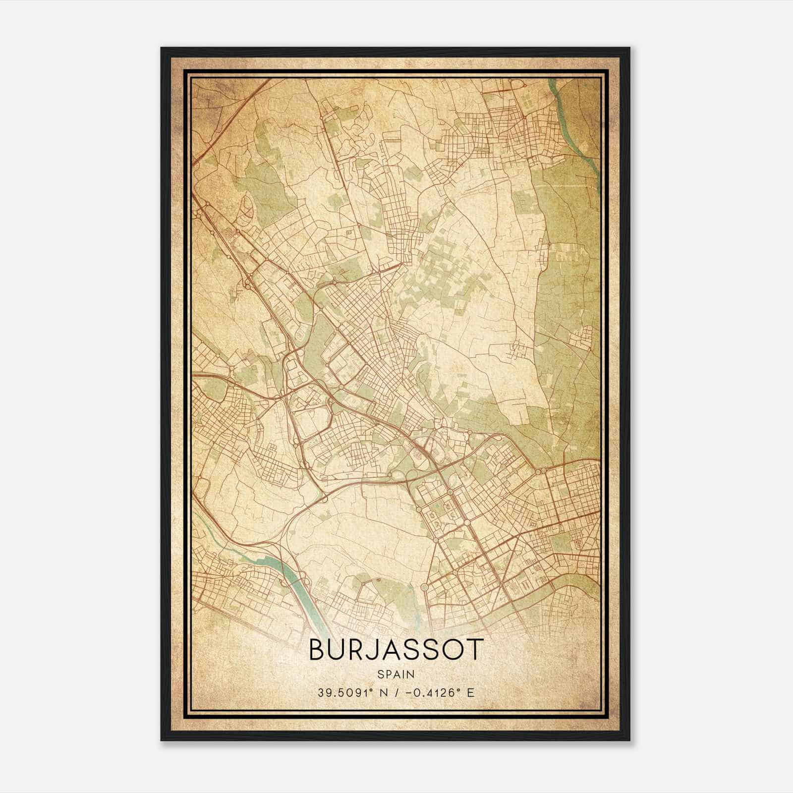 Vintage Burjasot Spain Map Poster, Burjasot City Road Wall Art Print