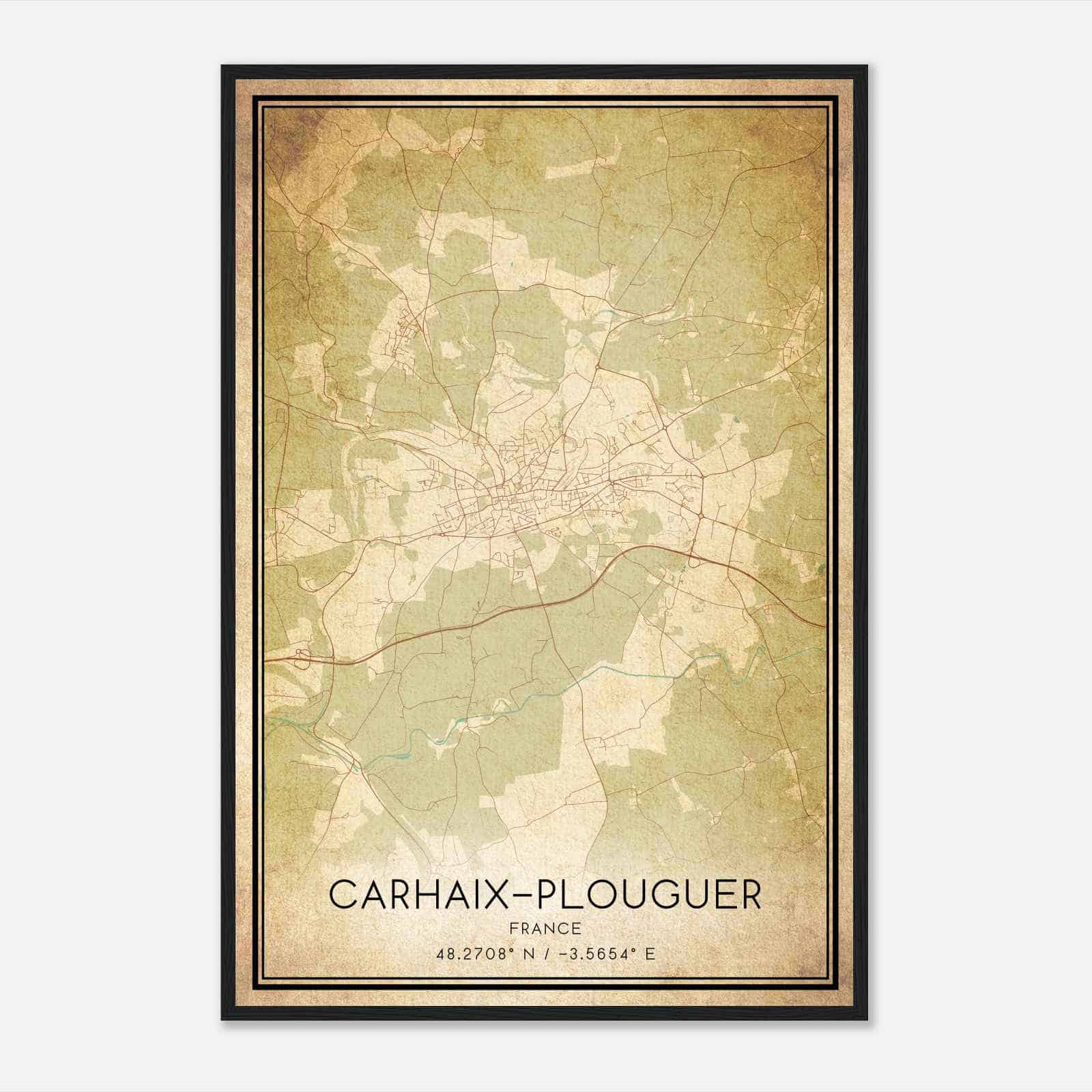 Vintage Carhaix-Plouguer France Map Poster, Carhaix-Plouguer City Road Wall Art Print