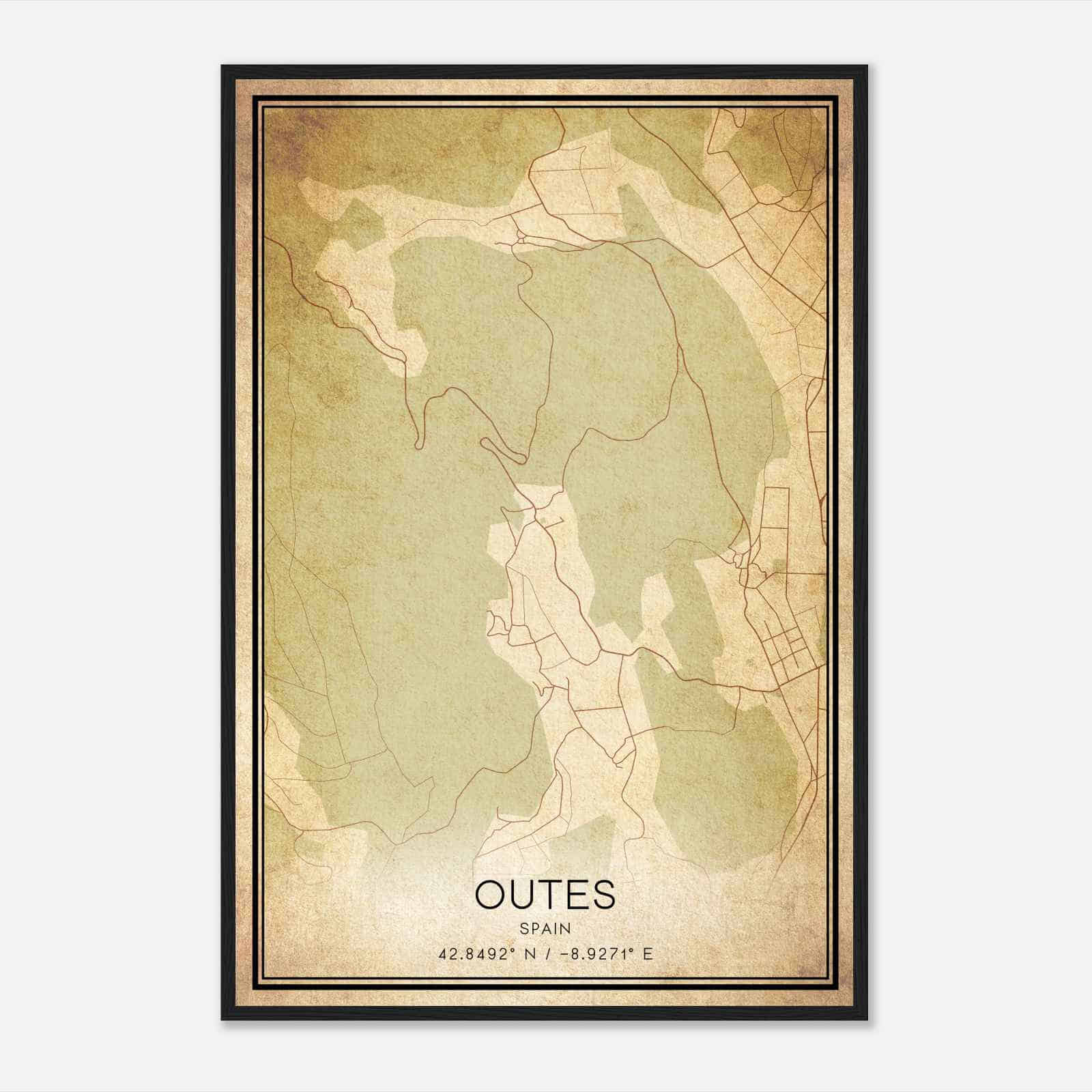 Vintage Outes Spain Map Poster, Outes City Road Wall Art Print