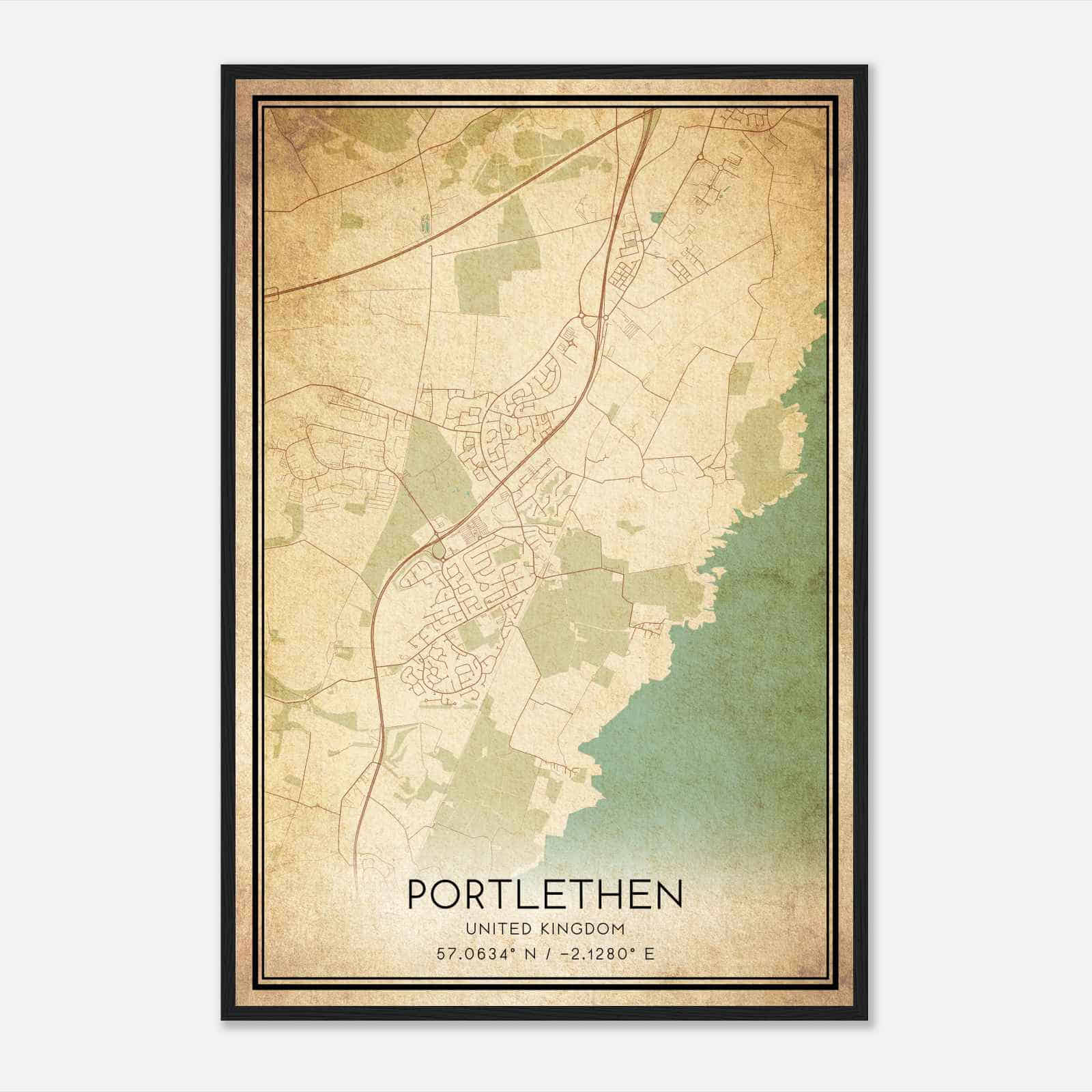 Vintage Portlethen United Kingdom Map Poster, Portlethen City Road Wall Art Print