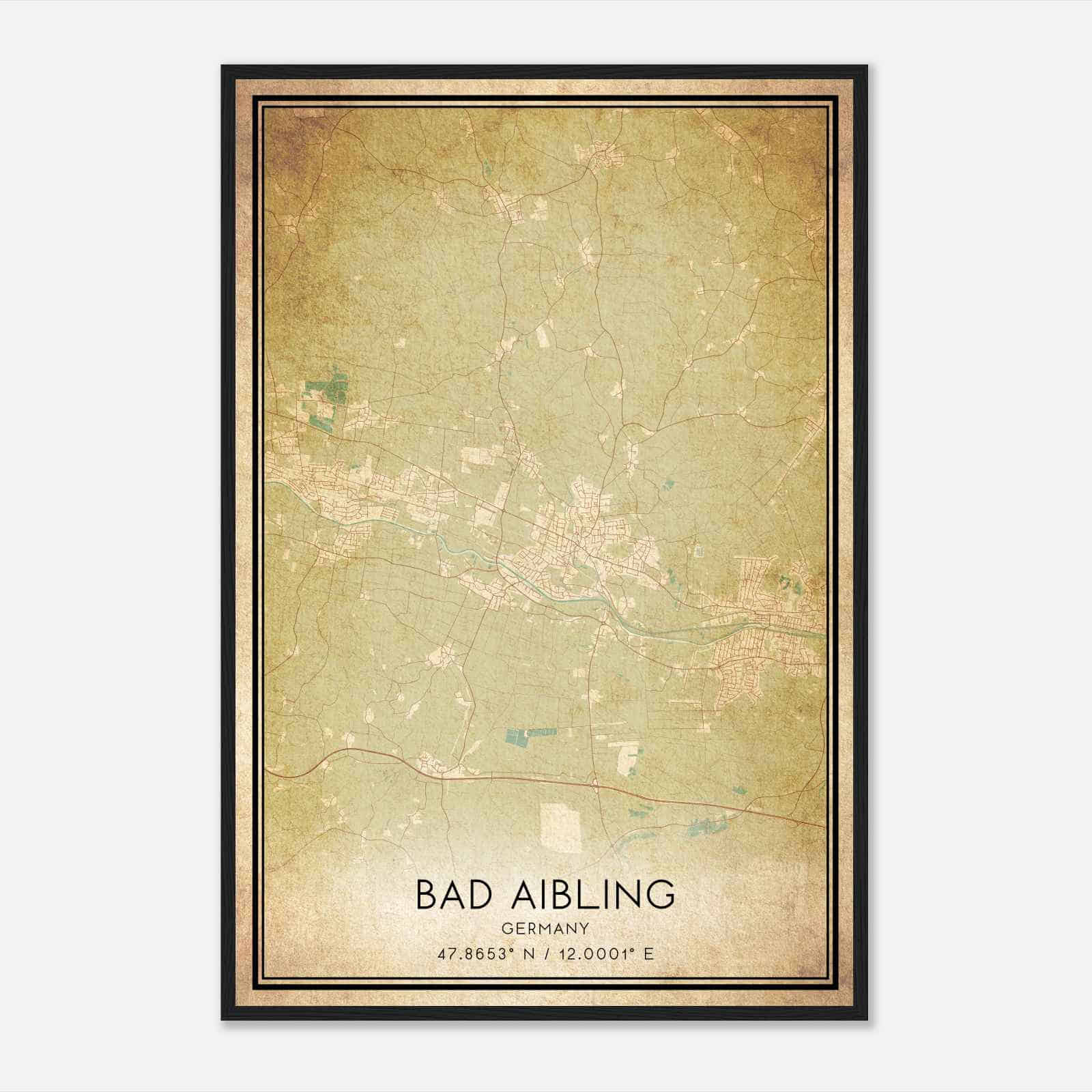 Vintage Bad Aibling Germany Map Poster, Bad Aibling City Road Wall Art Print
