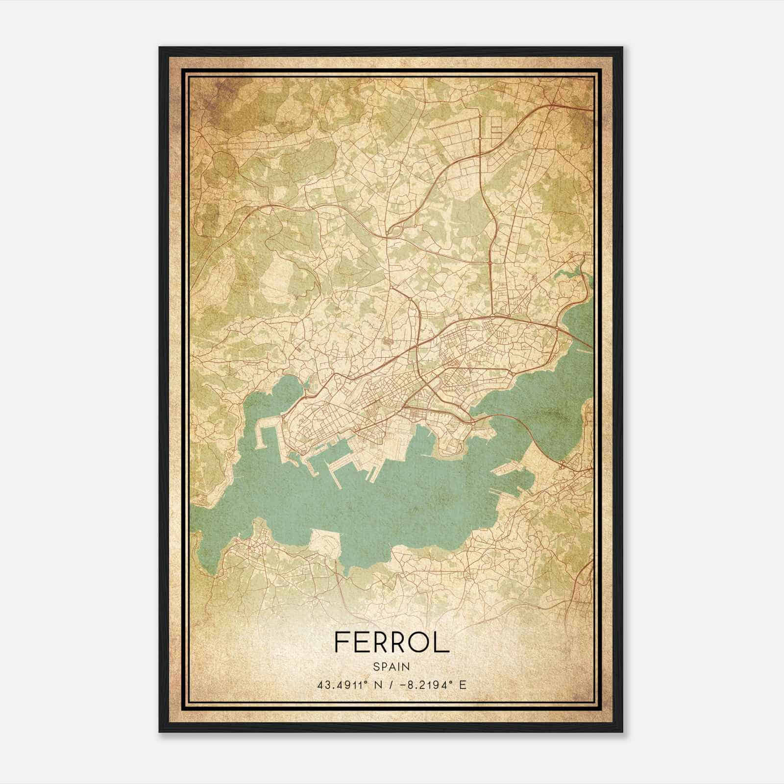 Vintage Ferrol Spain Map Poster, Ferrol City Road Wall Art Print