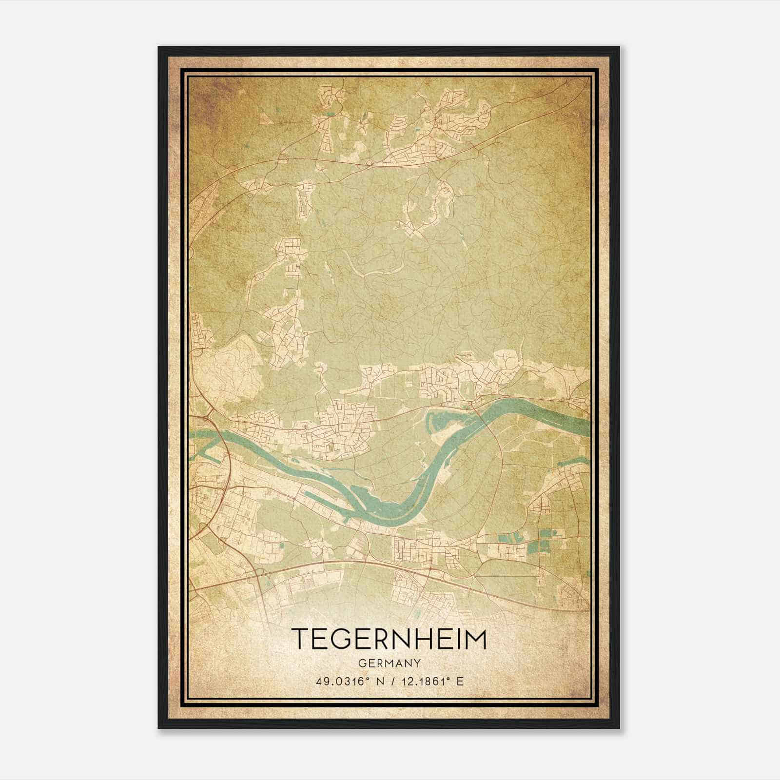 Vintage Tegernheim Germany Map Poster, Tegernheim City Road Wall Art Print