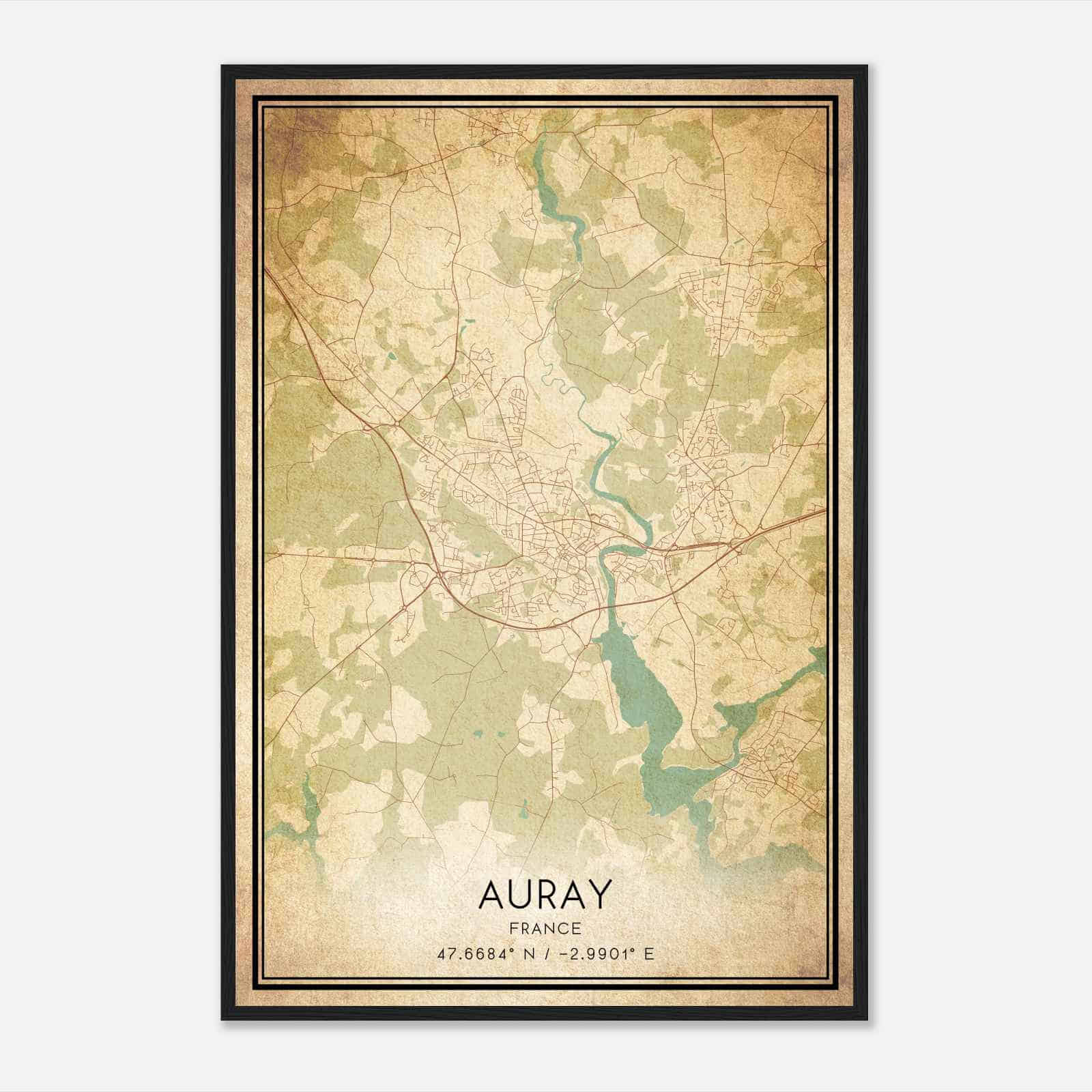 Vintage Auray France Map Poster, Auray City Road Wall Art Print