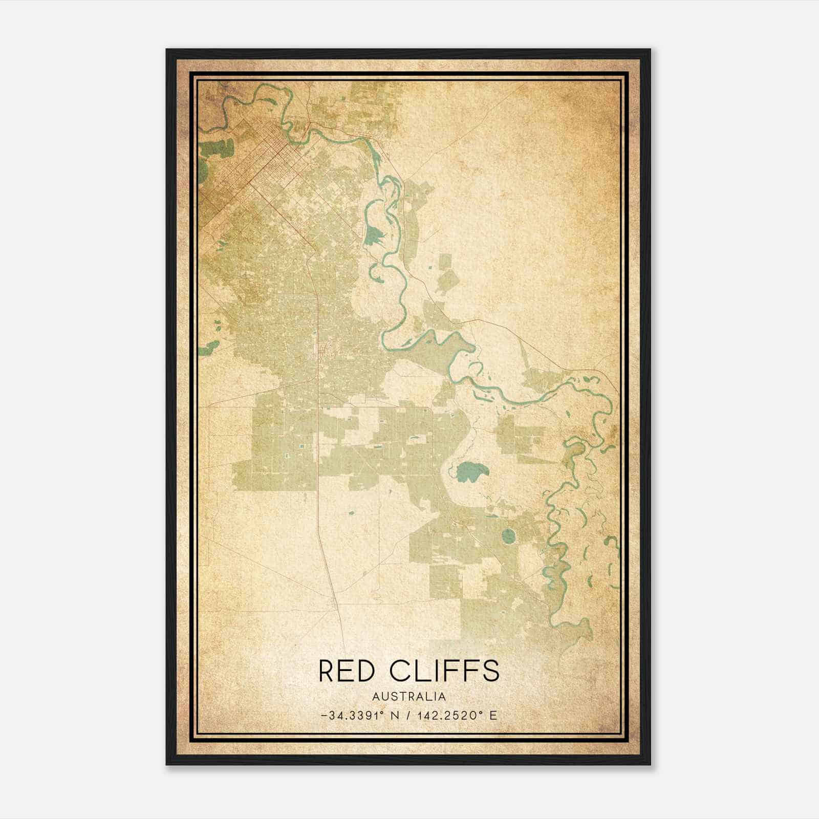Vintage Red Cliffs Australia Map Poster, Red Cliffs City Road Wall Art Print