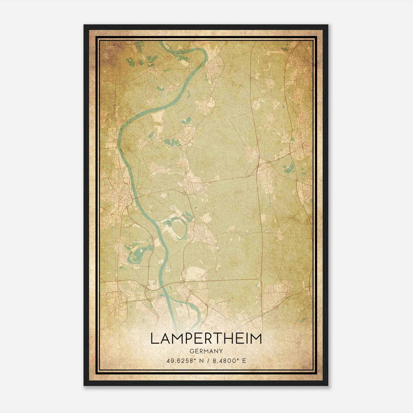 Vintage Lampertheim Germany Map Poster, Lampertheim City Road Wall Art Print
