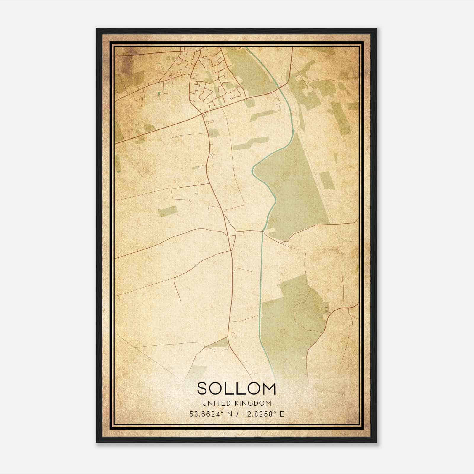 Vintage Sollom United Kingdom Map Poster, Sollom City Road Wall Art Print