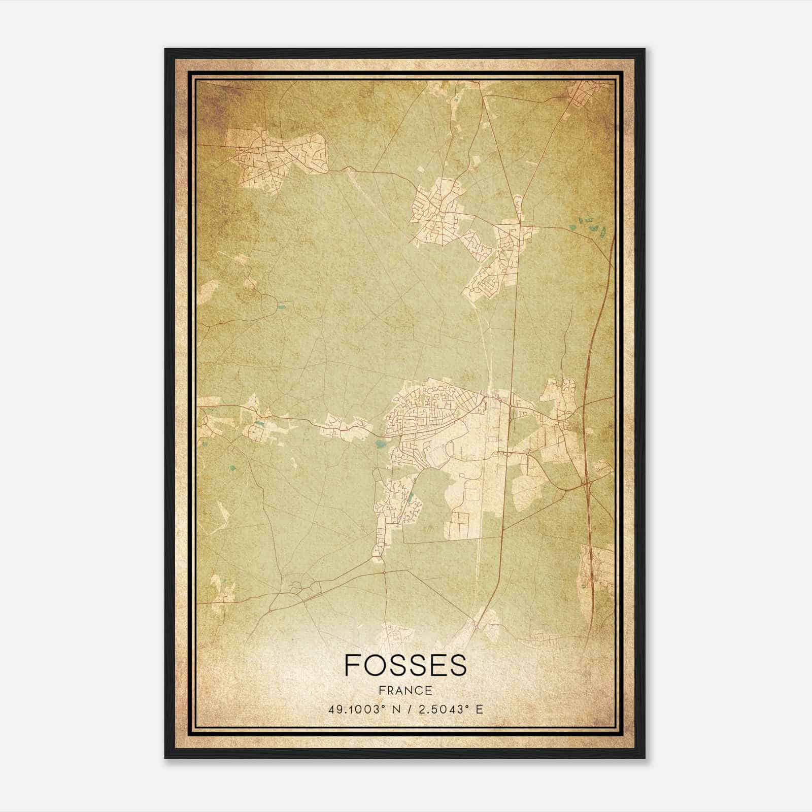 Vintage Fosses France Map Poster, Fosses City Road Wall Art Print