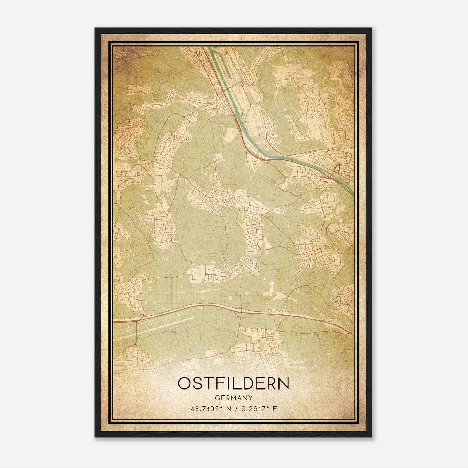 Vintage Ostfildern Germany Map Poster, Ostfildern City Road Wall Art Print