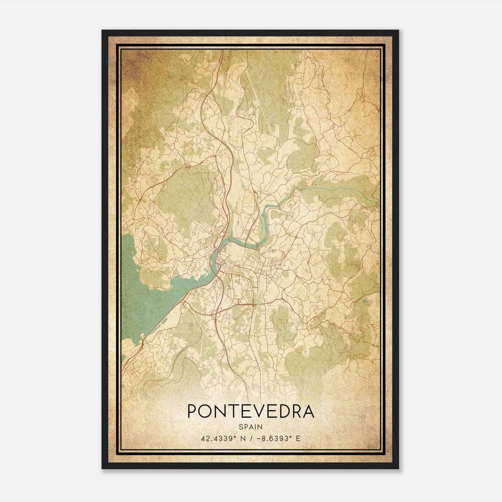 Vintage Pontevedra Spain Map Poster, Pontevedra City Road Wall Art Print