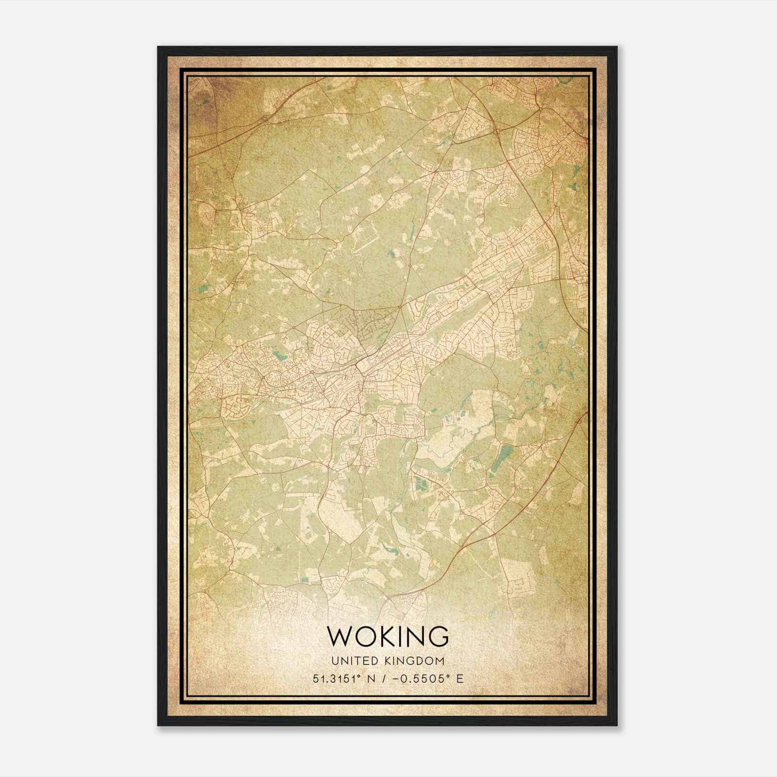 Vintage Woking United Kingdom Map Poster, Woking City Road Wall Art Print