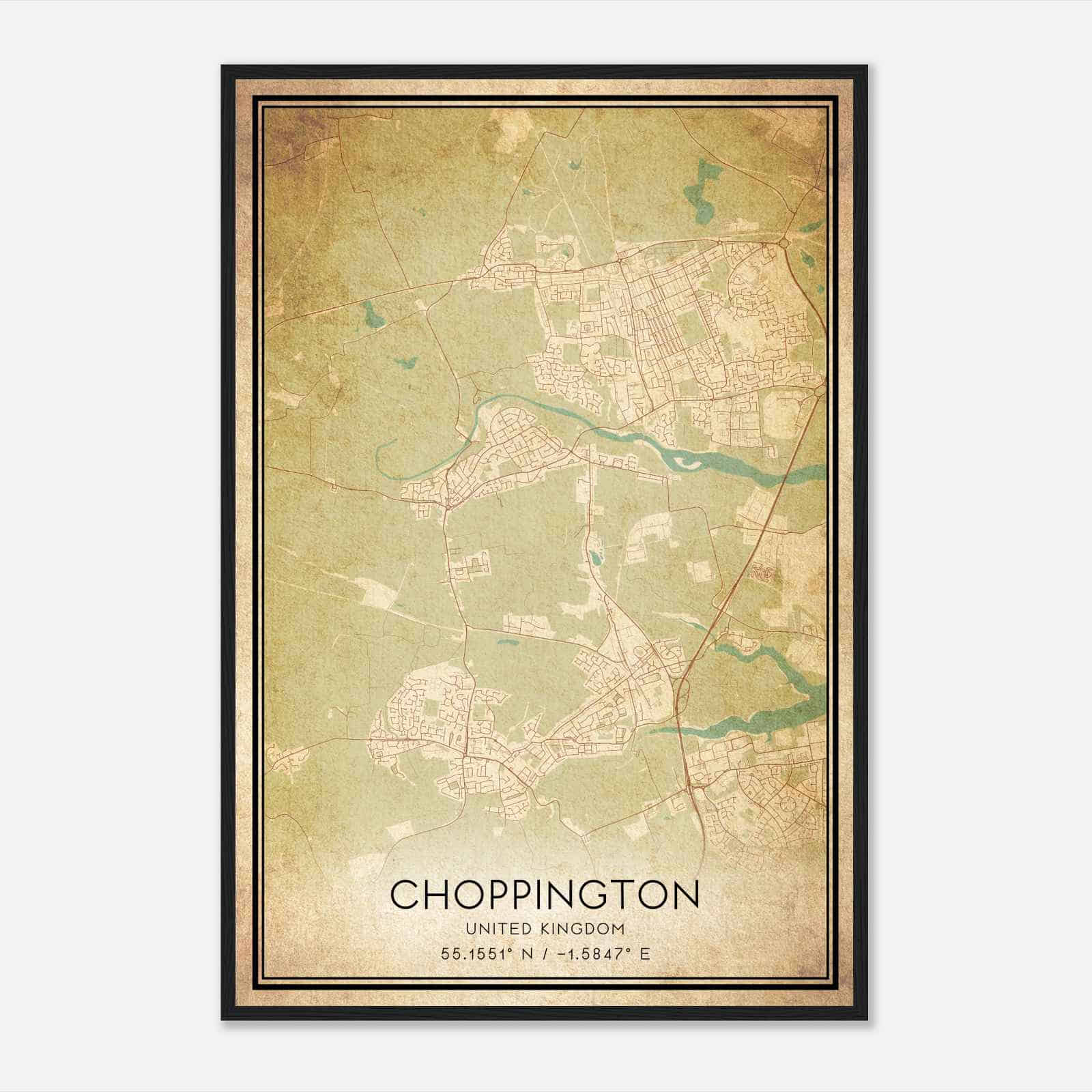 Vintage Choppington United Kingdom Map Poster, Choppington City Road Wall Art Print