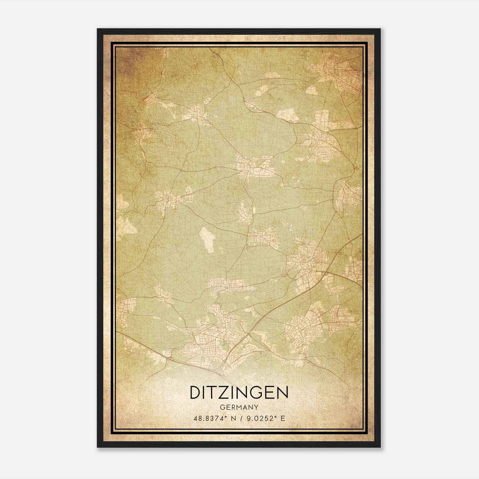 Vintage Ditzingen Germany Map Poster, Ditzingen City Road Wall Art Print