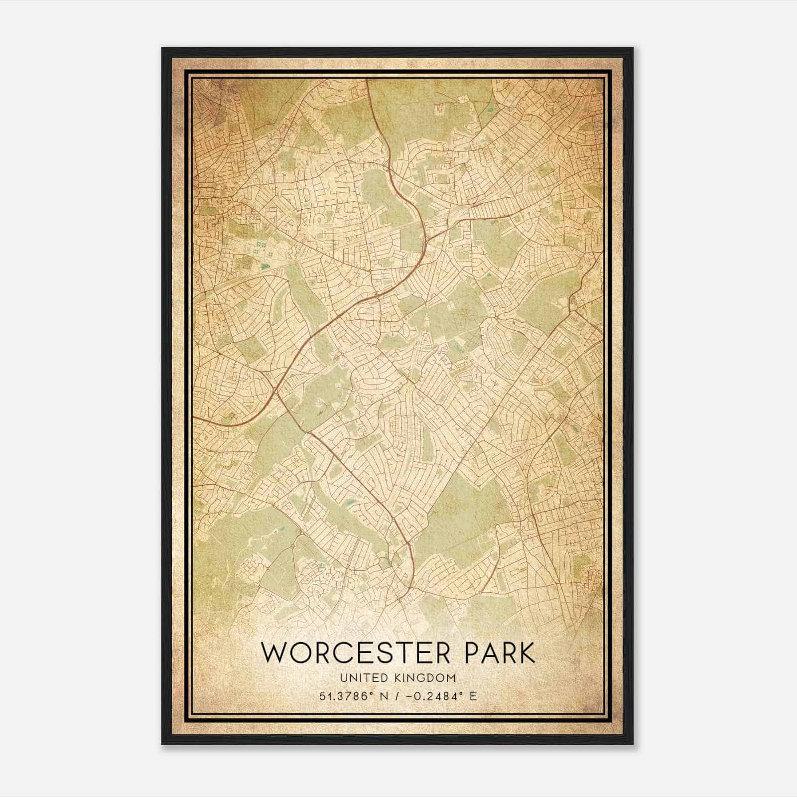 Vintage Worcester Park United Kingdom Map Poster, Worcester Park City Road Wall Art Print