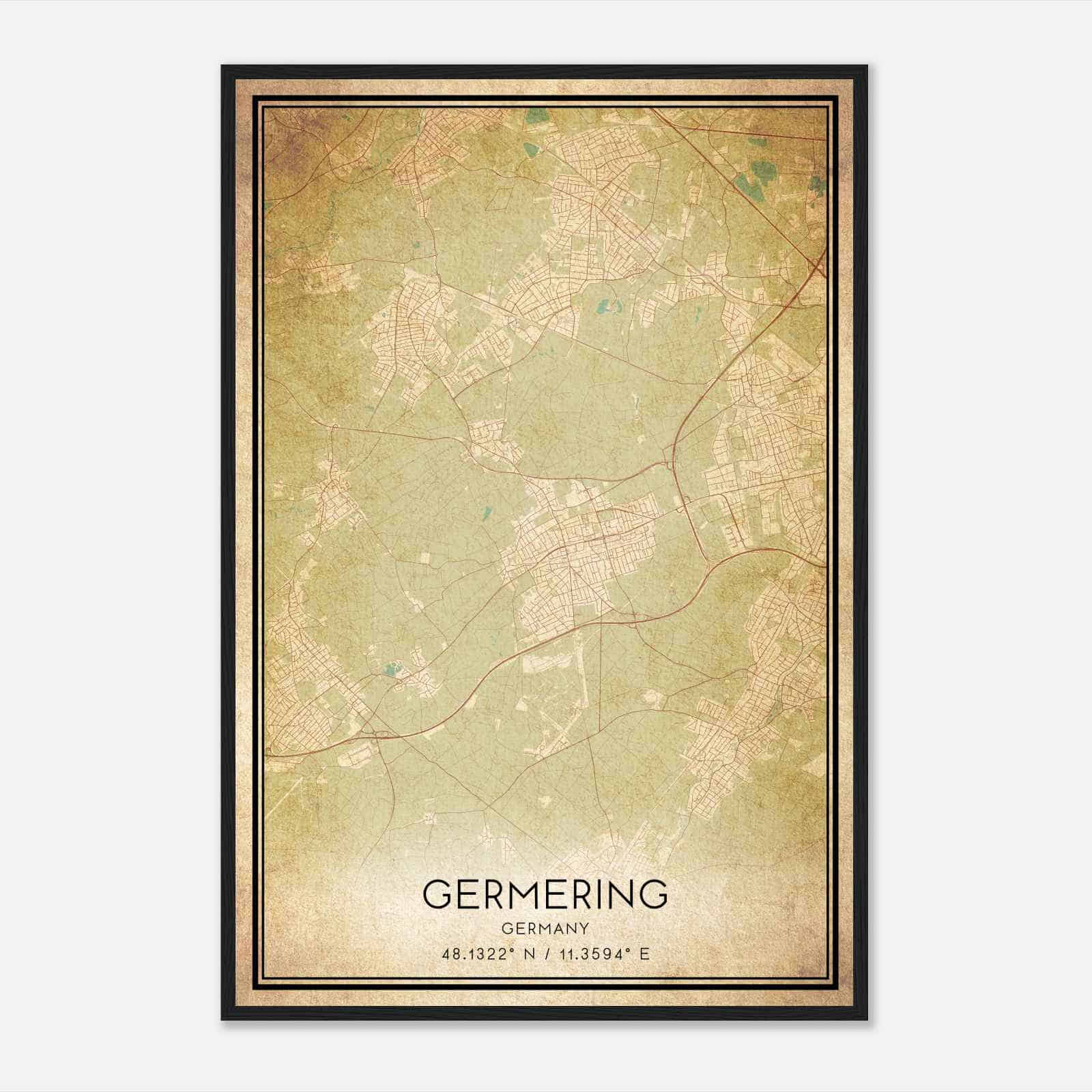Vintage Germering Germany Map Poster, Germering City Road Wall Art Print