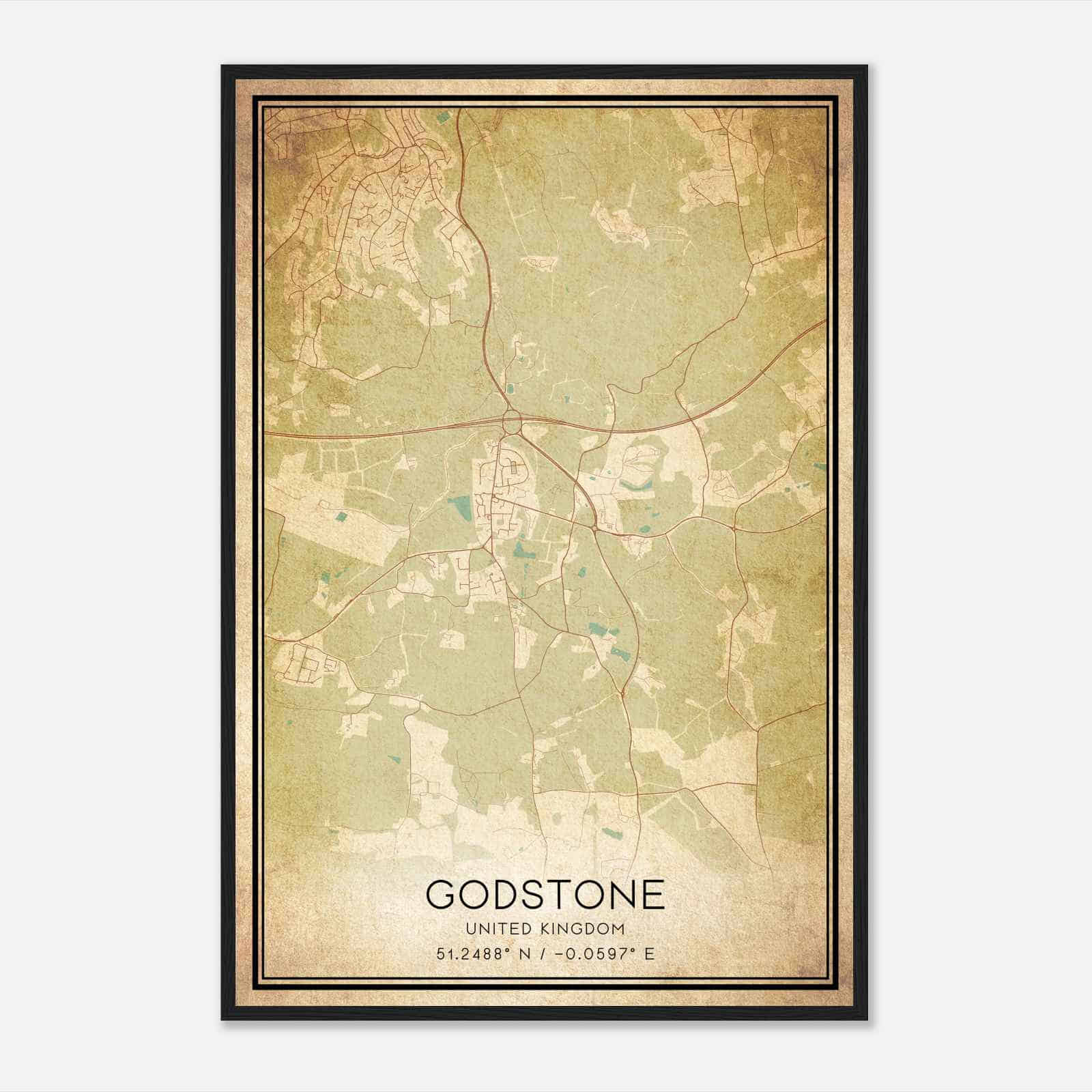 Vintage Godstone United Kingdom Map Poster, Godstone City Road Wall Art Print