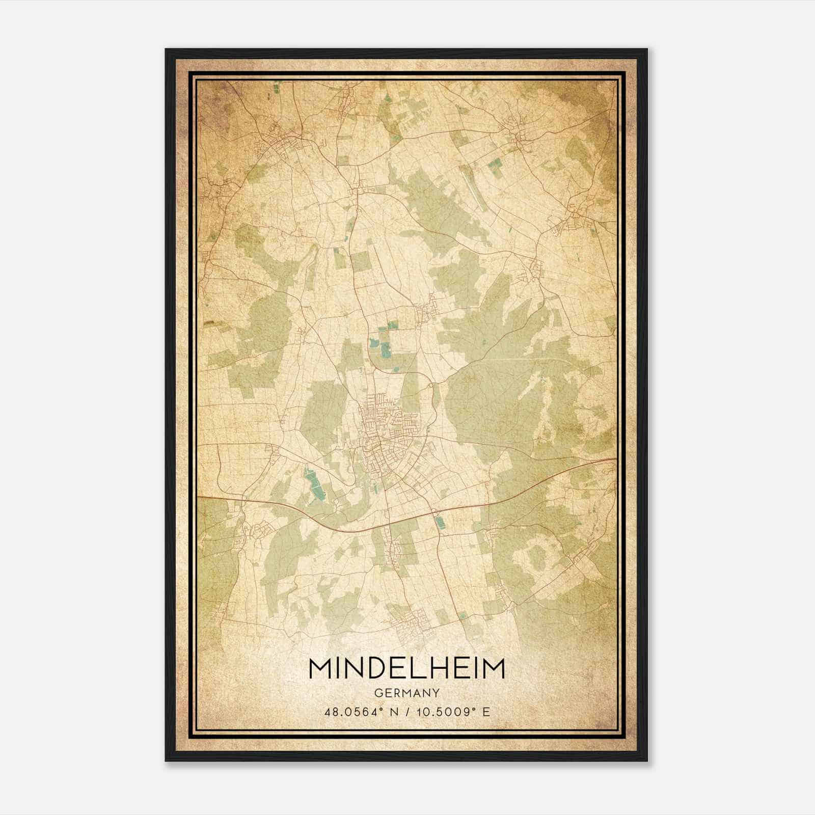 Vintage Mindelheim Germany Map Poster, Mindelheim City Road Wall Art Print