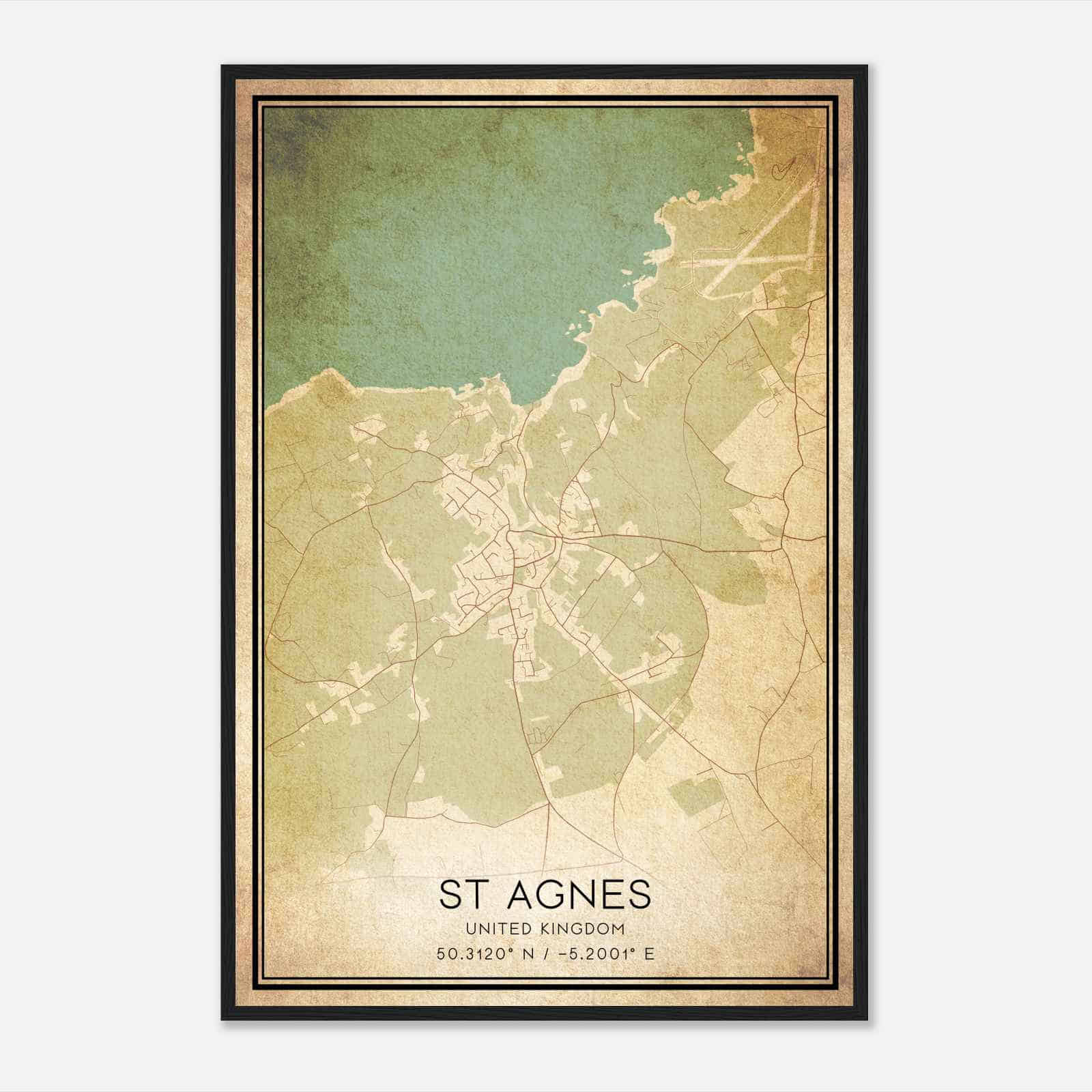Vintage Saint Agnes United Kingdom Map Poster, Saint Agnes City Road Wall Art Print