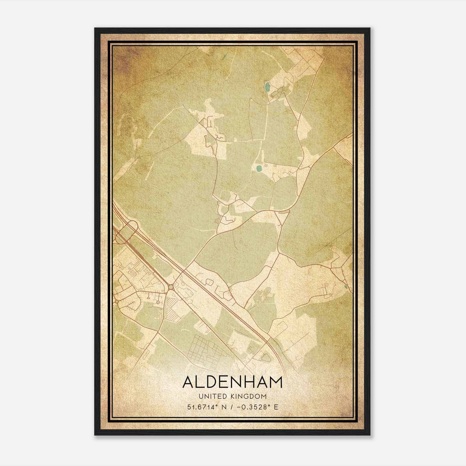 Vintage Aldenham United Kingdom Map Poster, Aldenham City Road Wall Art Print