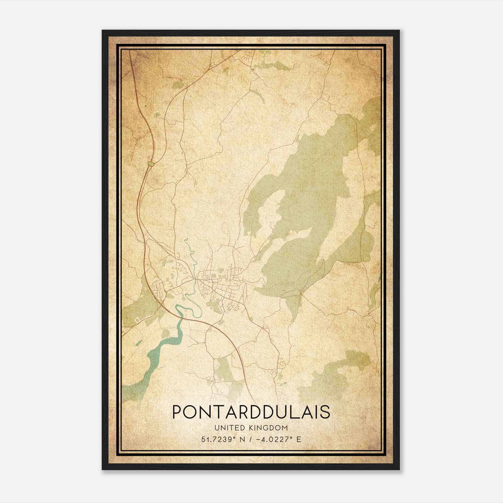 Vintage Pontardulais United Kingdom Map Poster, Pontardulais City Road Wall Art Print