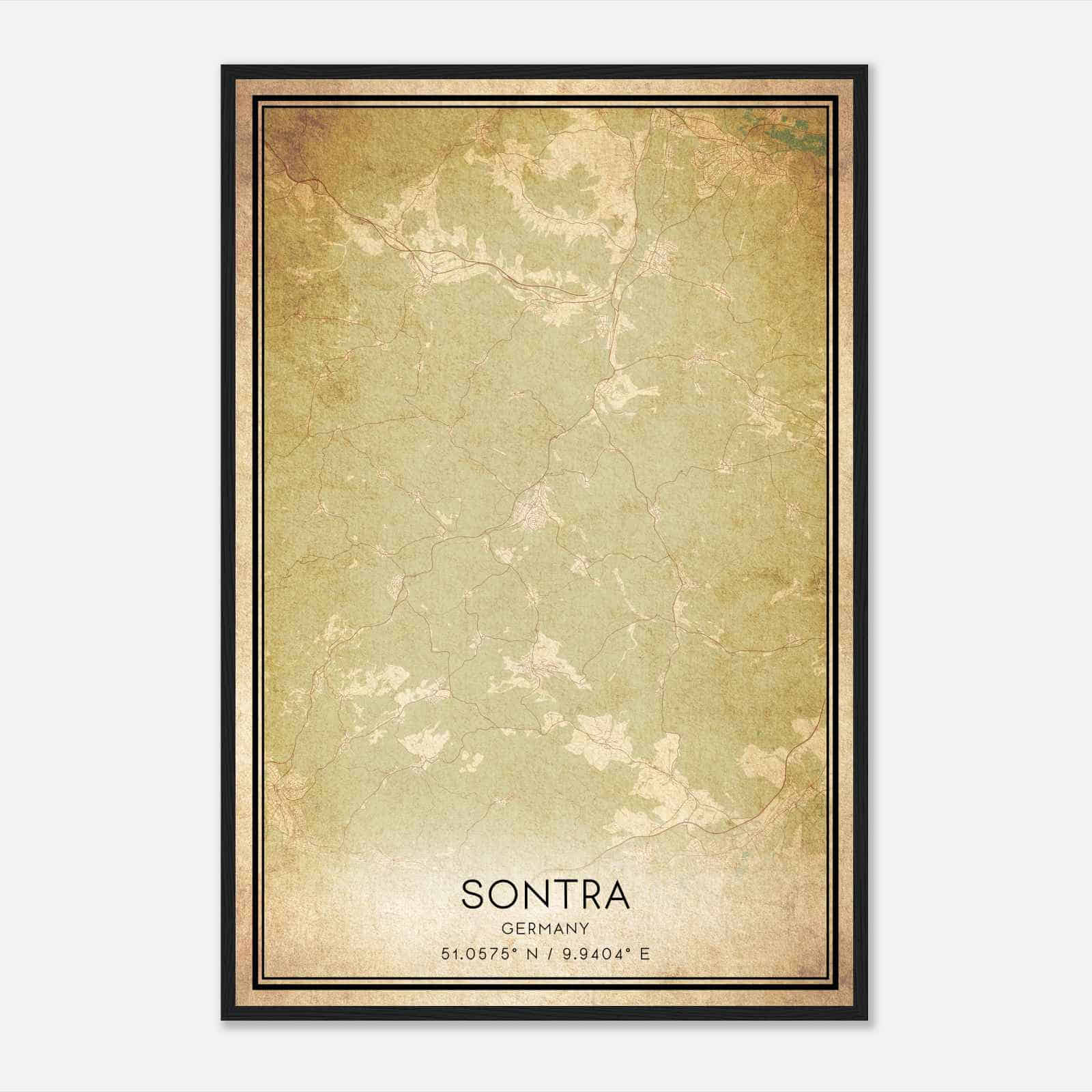 Vintage Sontra Germany Map Poster, Sontra City Road Wall Art Print