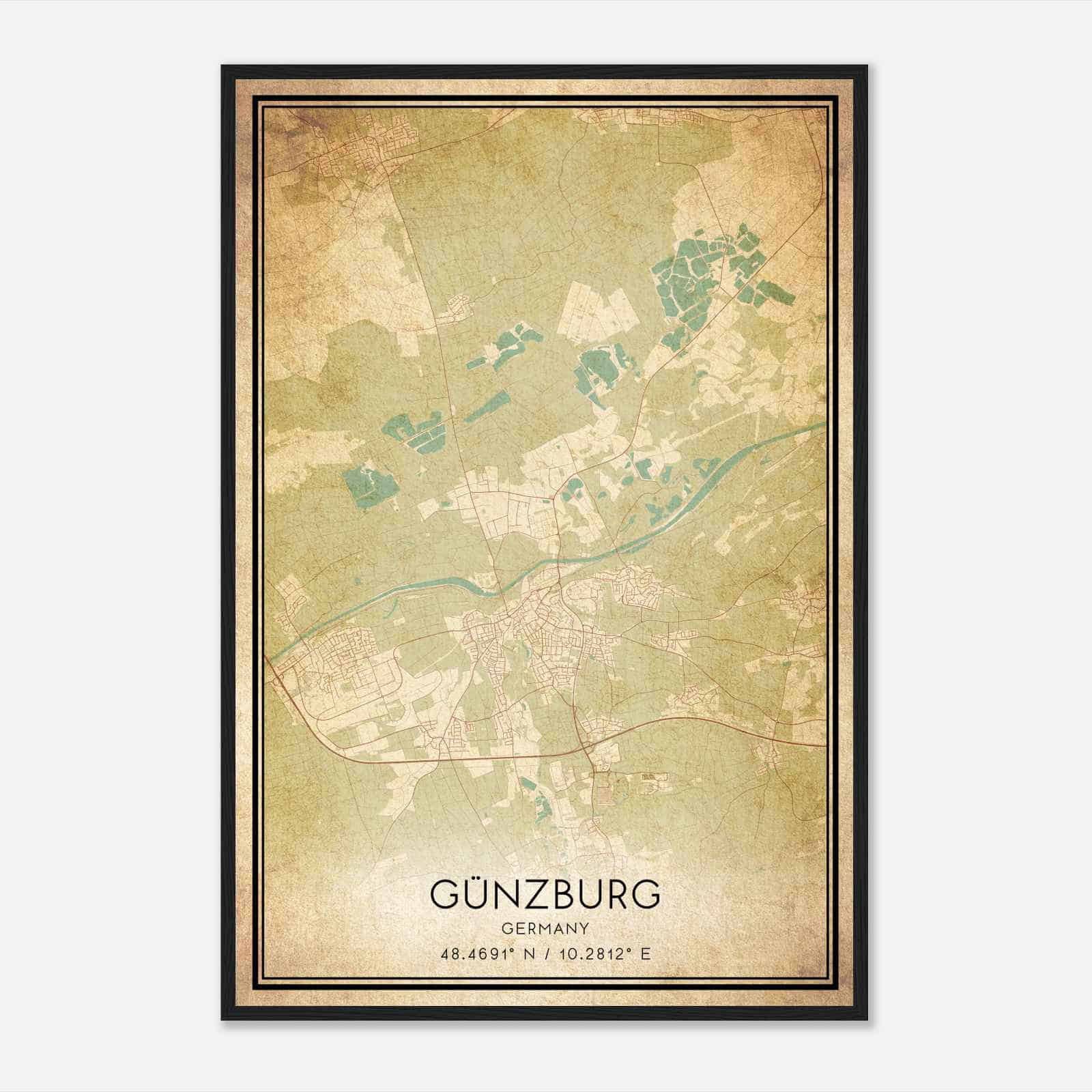 Vintage Gunzburg Germany Map Poster, Gunzburg City Road Wall Art Print
