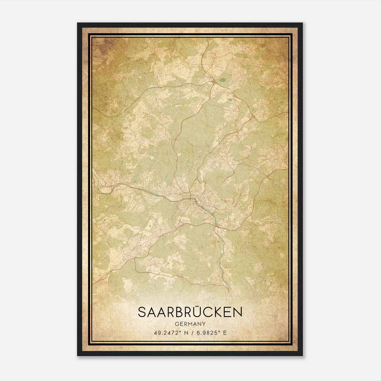 Vintage Saarbrucken Germany Map Poster, Saarbrucken City Road Wall Art Print