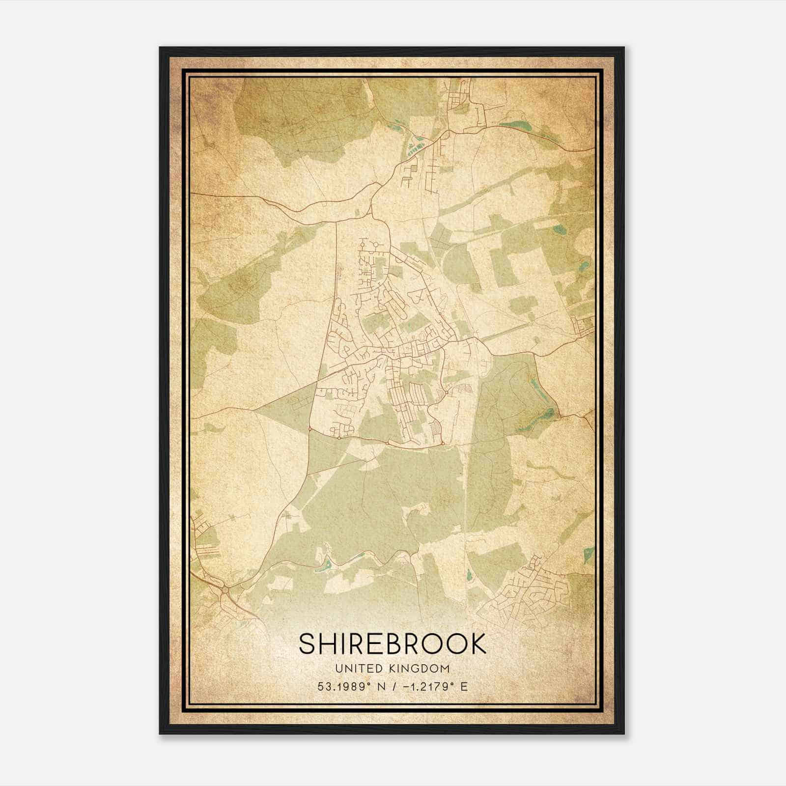 Vintage Shirebrook United Kingdom Map Poster, Shirebrook City Road Wall Art Print