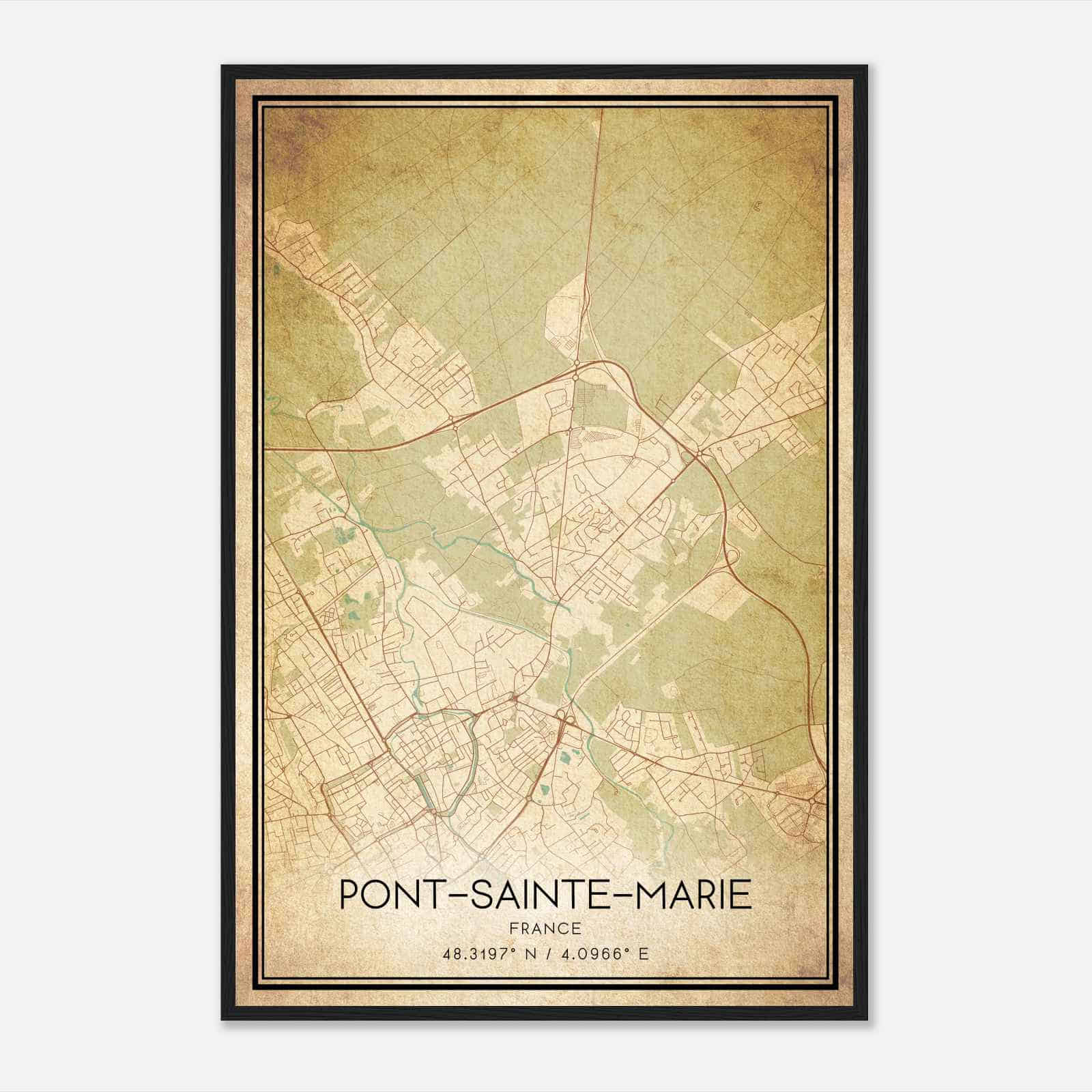 Vintage Pont-Sainte-Marie France Map Poster, Pont-Sainte-Marie City Road Wall Art Print