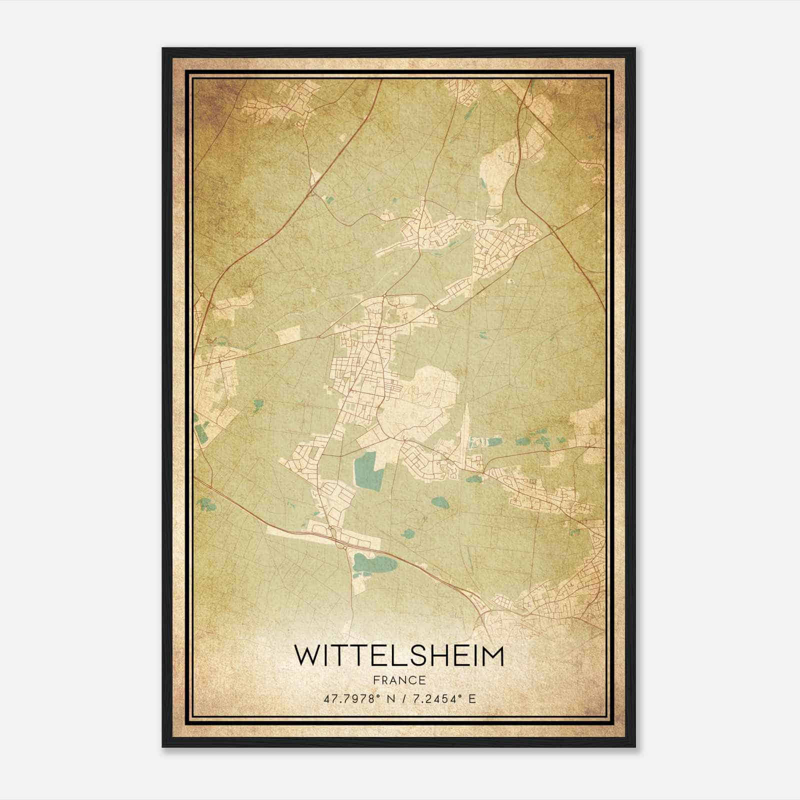 Vintage Wittelsheim France Map Poster, Wittelsheim City Road Wall Art Print