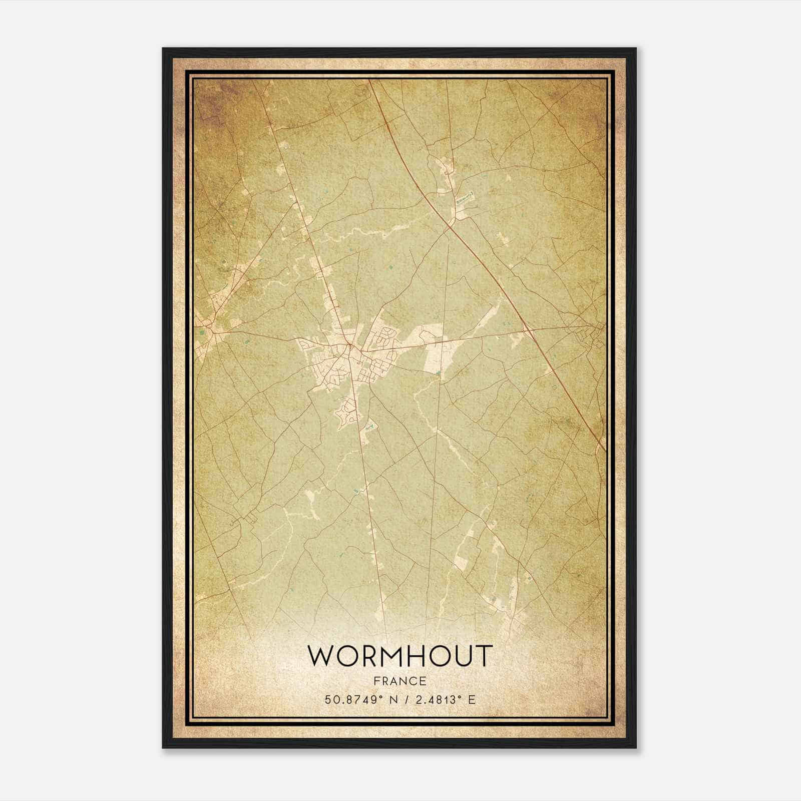 Vintage Wormhout France Map Poster, Wormhout City Road Wall Art Print