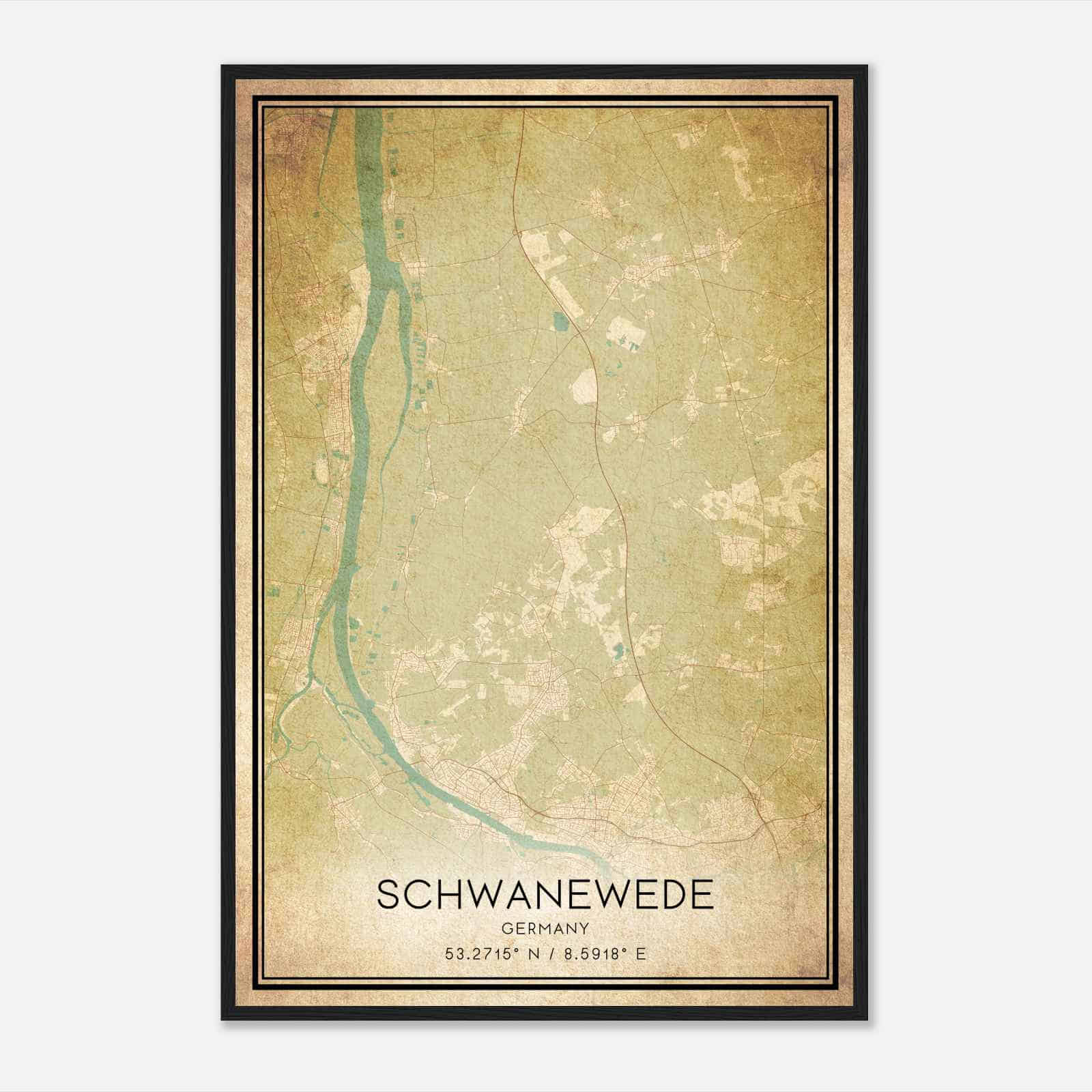 Vintage Schwanewede Germany Map Poster, Schwanewede City Road Wall Art Print