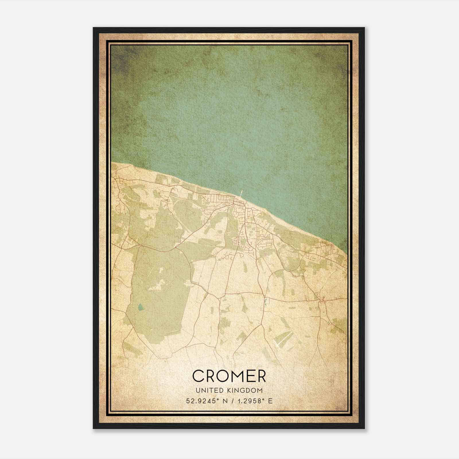 Vintage Cromer United Kingdom Map Poster, Cromer City Road Wall Art Print