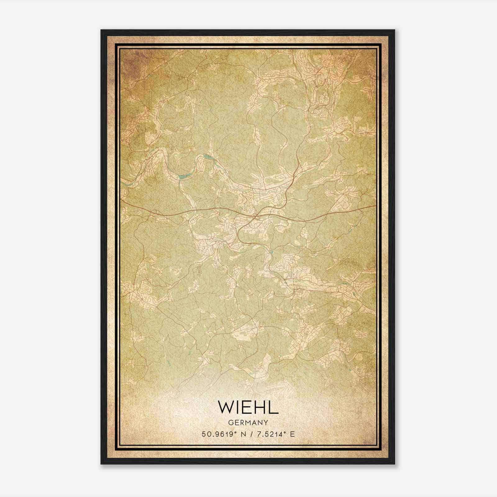 Vintage Wiehl Germany Map Poster, Wiehl City Road Wall Art Print