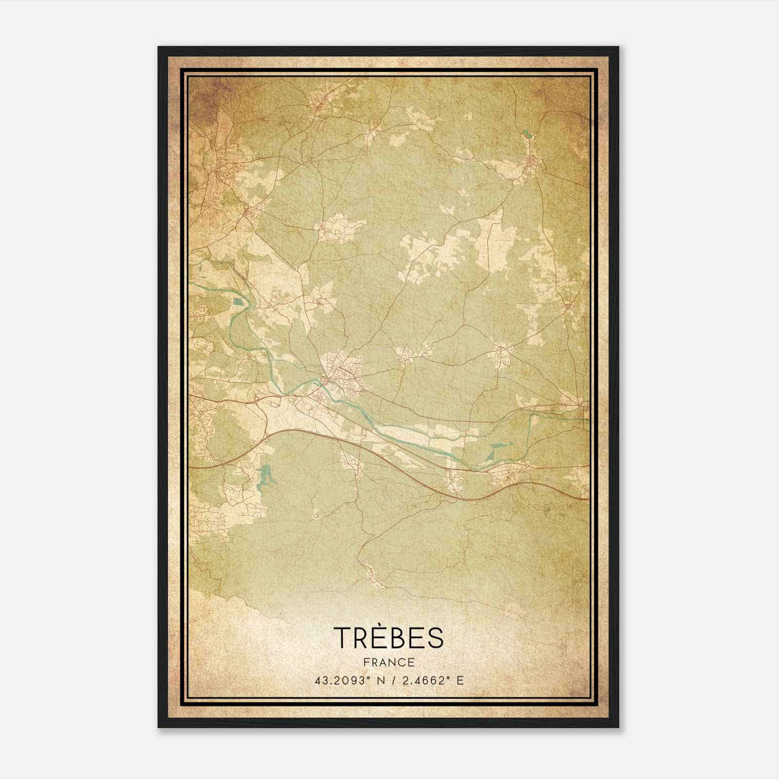 Vintage Trebes France Map Poster, Trebes City Road Wall Art Print