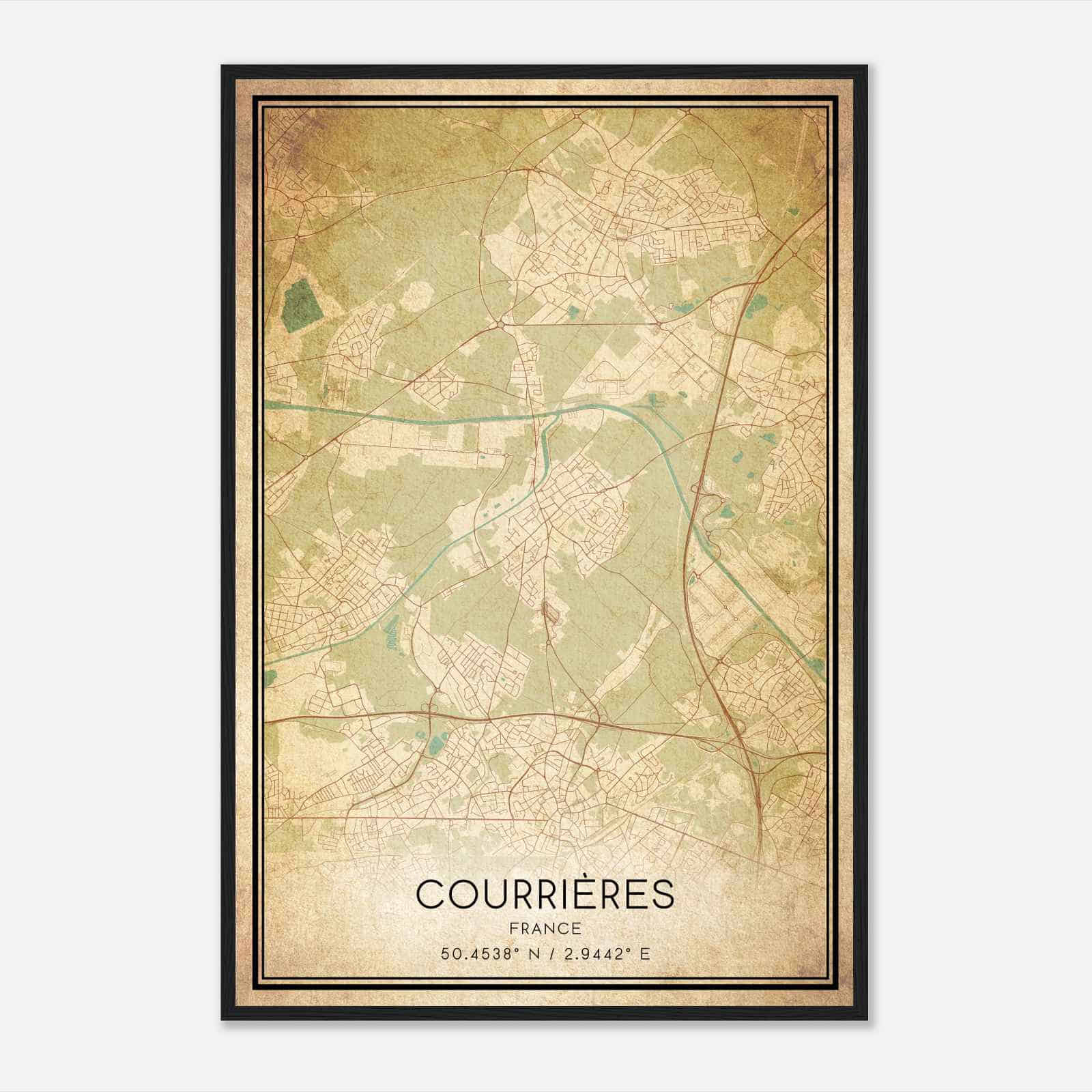Vintage Courrieres France Map Poster, Courrieres City Road Wall Art Print