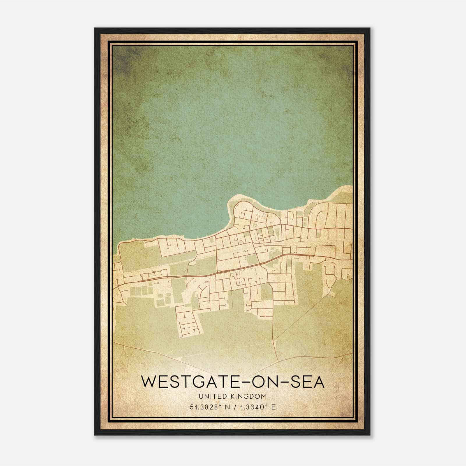 Vintage Westgate on Sea United Kingdom Map Poster, Westgate on Sea City Road Wall Art Print