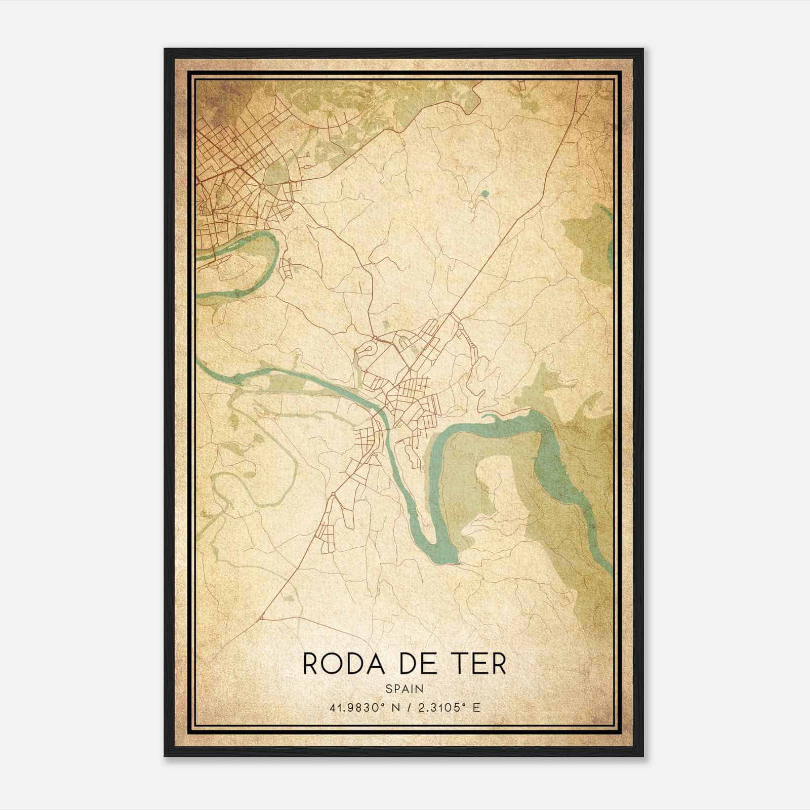 Vintage Roda del Ter Spain Map Poster, Roda del Ter City Road Wall Art Print