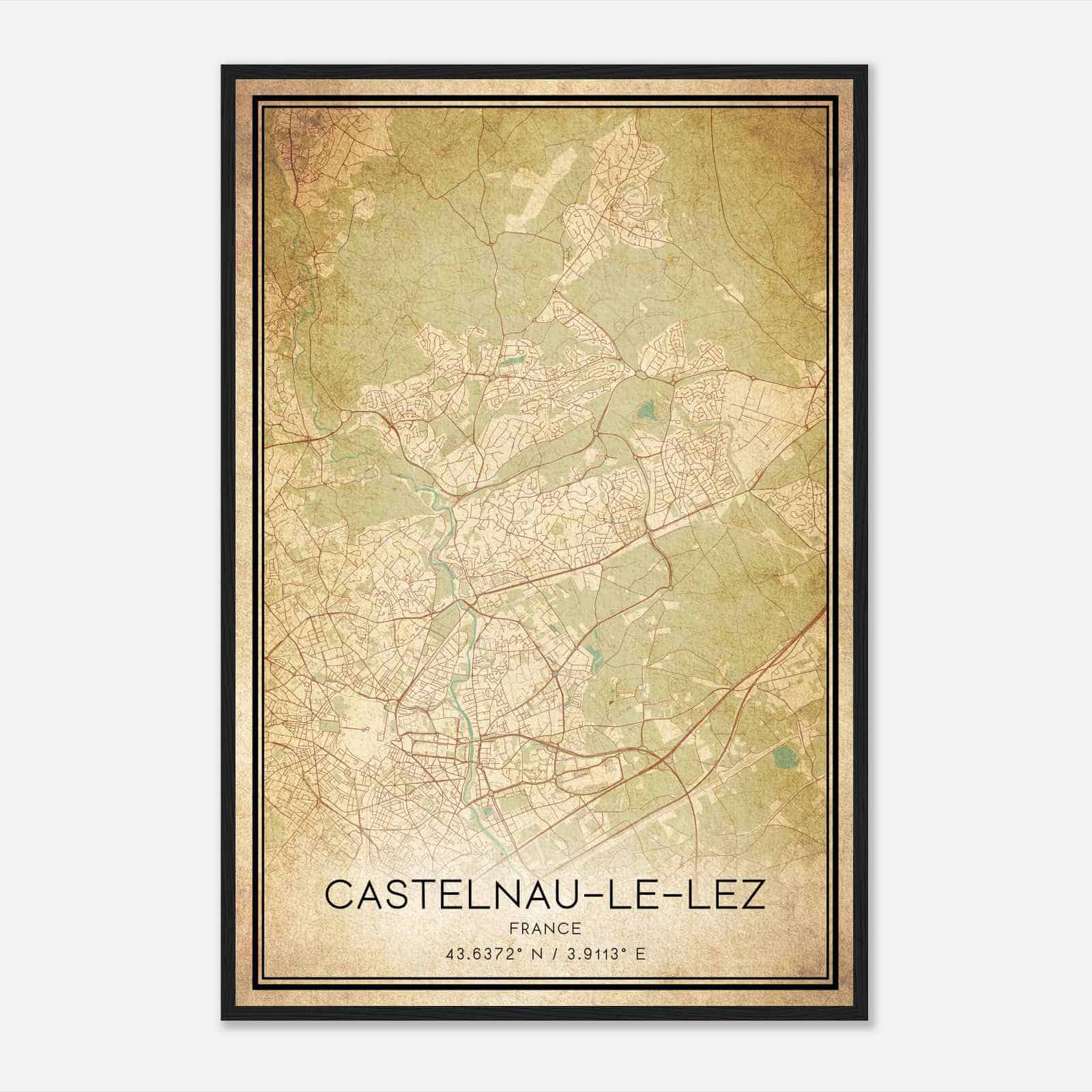Vintage Castelnau-le-Lez France Map Poster, Castelnau-le-Lez City Road Wall Art Print