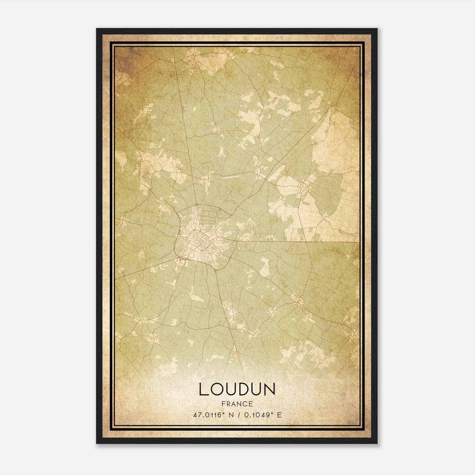 Vintage Loudun France Map Poster, Loudun City Road Wall Art Print