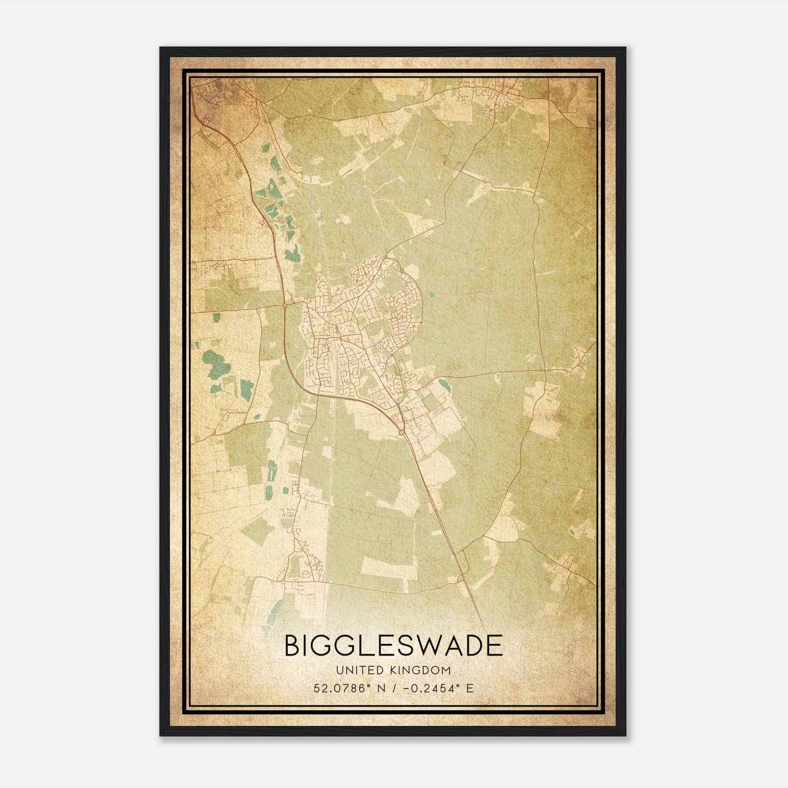 Vintage Biggleswade United Kingdom Map Poster, Biggleswade City Road Wall Art Print