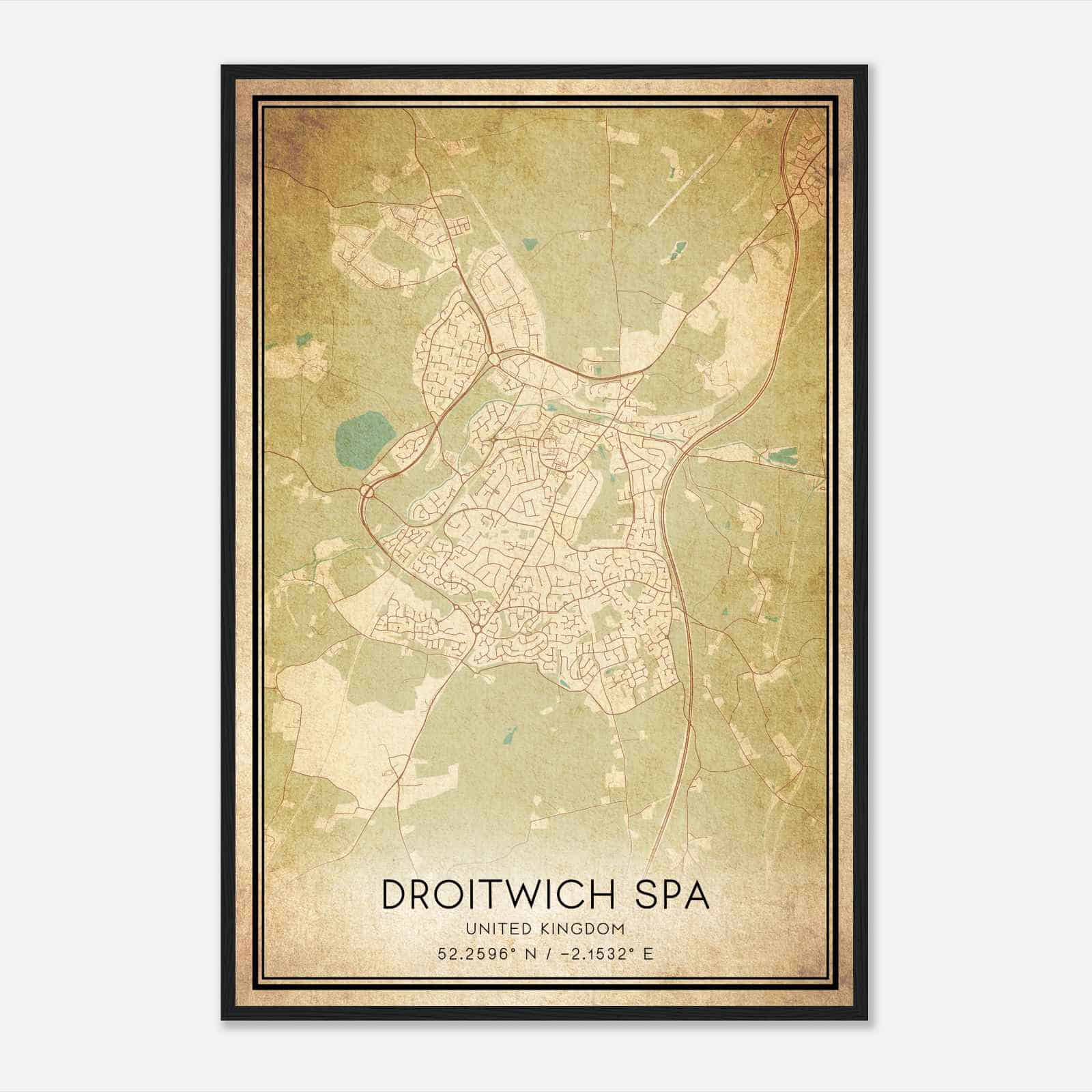Vintage Droitwich United Kingdom Map Poster, Droitwich City Road Wall Art Print