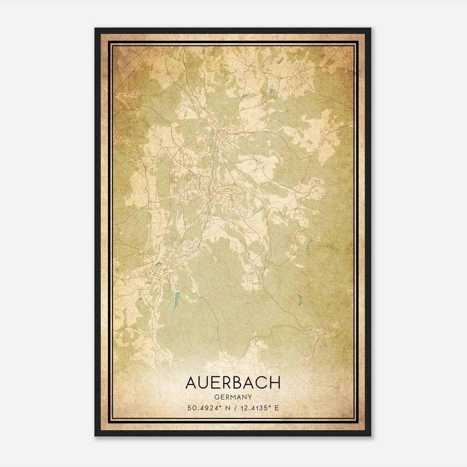 Vintage Auerbach Germany Map Poster, Auerbach City Road Wall Art Print