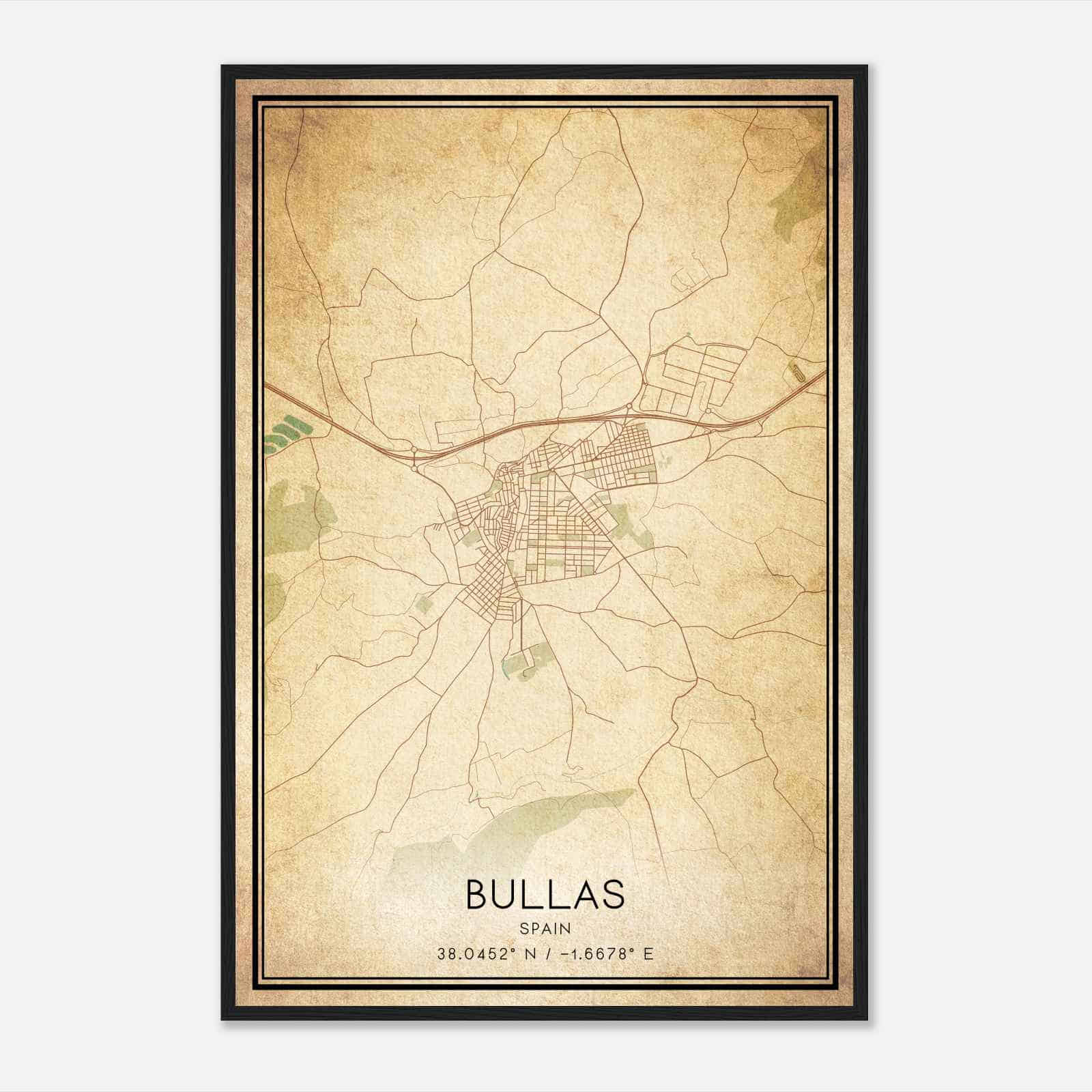 Vintage Bullas Spain Map Poster, Bullas City Road Wall Art Print