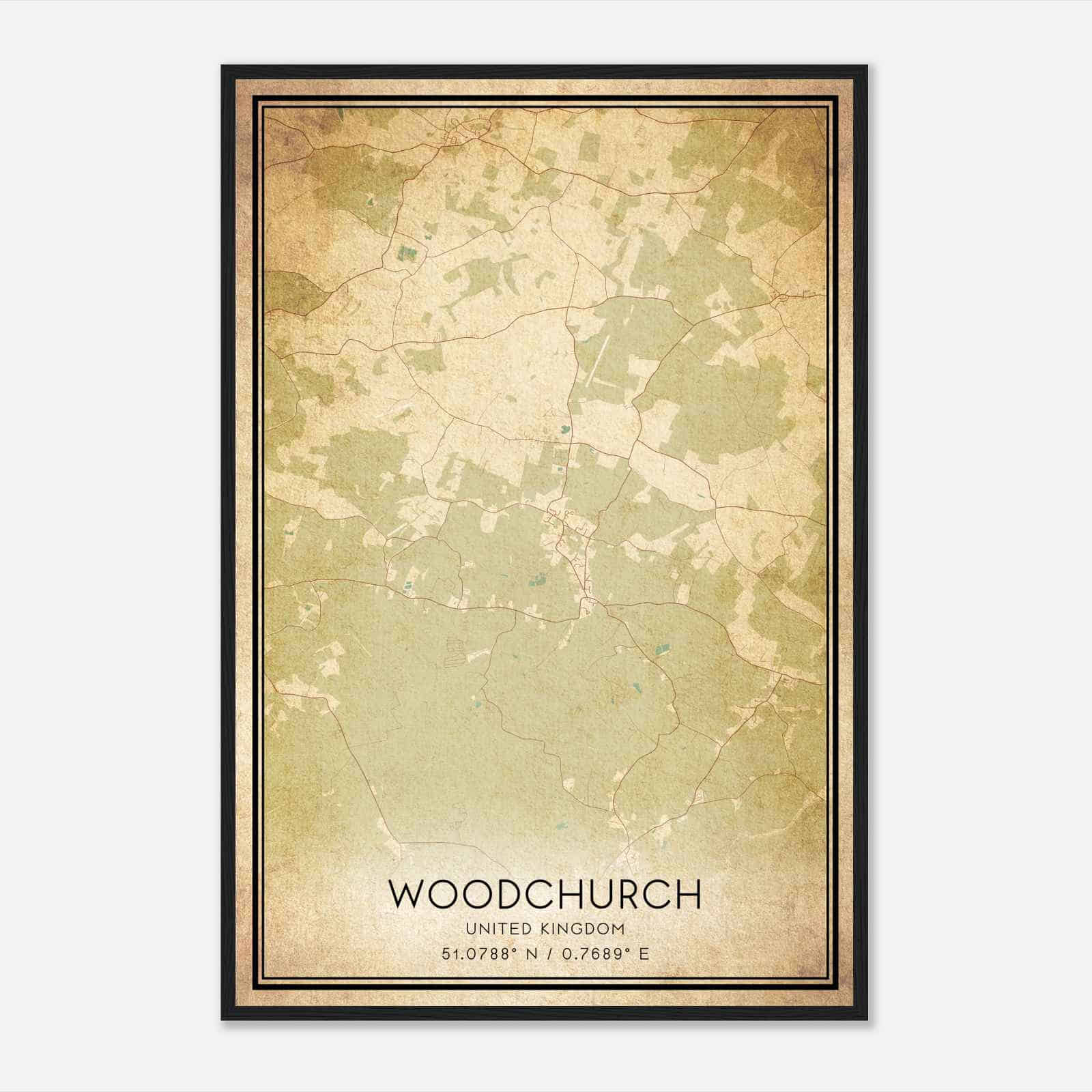 Vintage Woodchurch United Kingdom Map Poster, Woodchurch City Road Wall Art Print