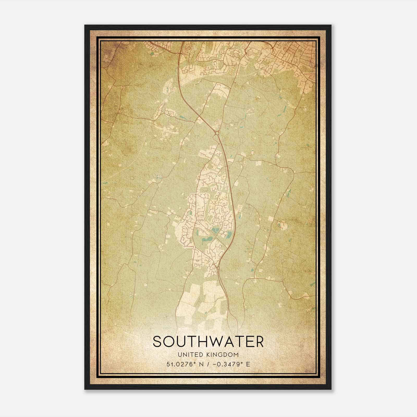 Vintage Southwater United Kingdom Map Poster, Southwater City Road Wall Art Print