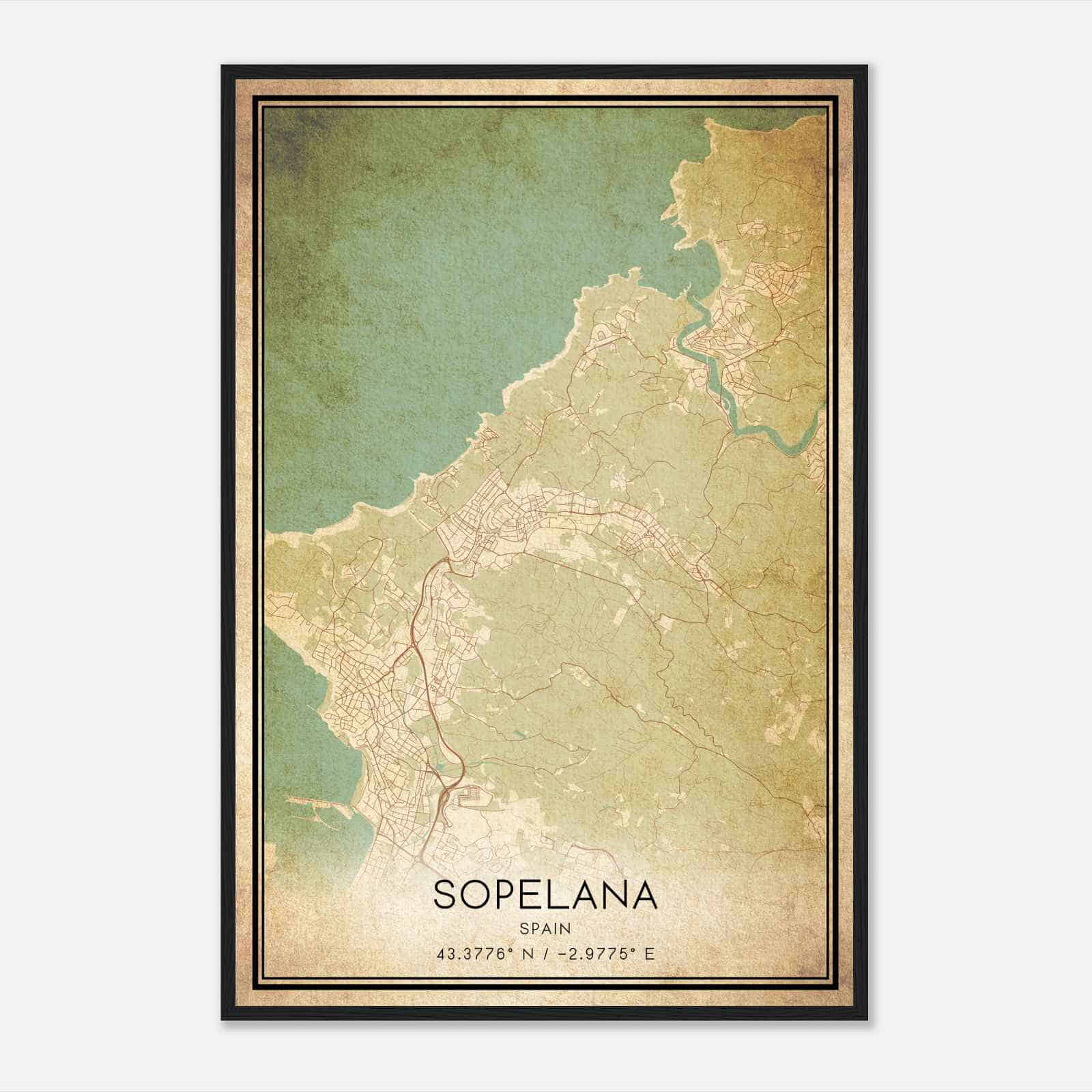 Vintage Sopelana Spain Map Poster, Sopelana City Road Wall Art Print