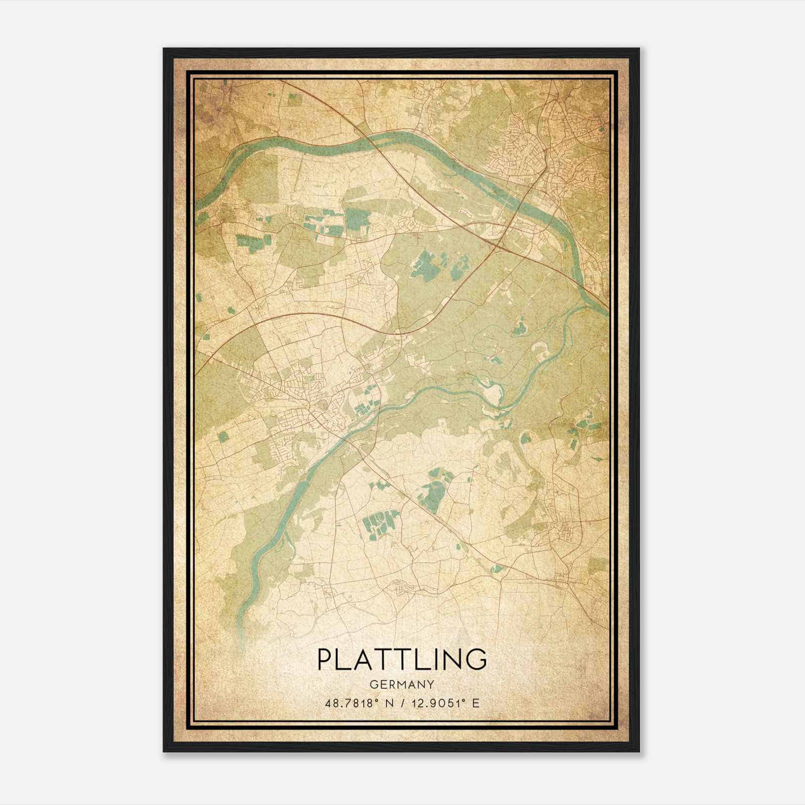 Vintage Plattling Germany Map Poster, Plattling City Road Wall Art Print