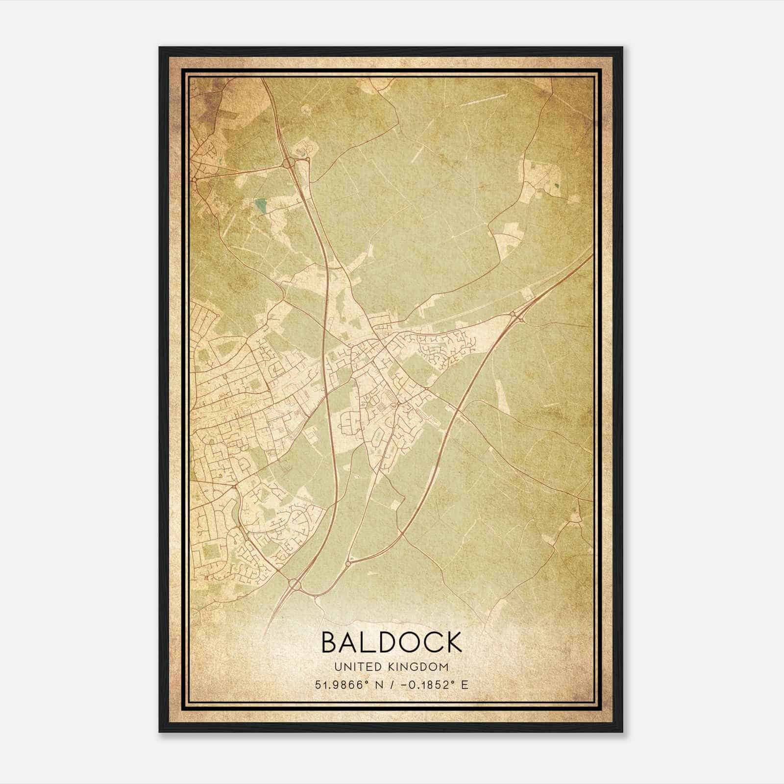 Vintage Baldock United Kingdom Map Poster, Baldock City Road Wall Art Print